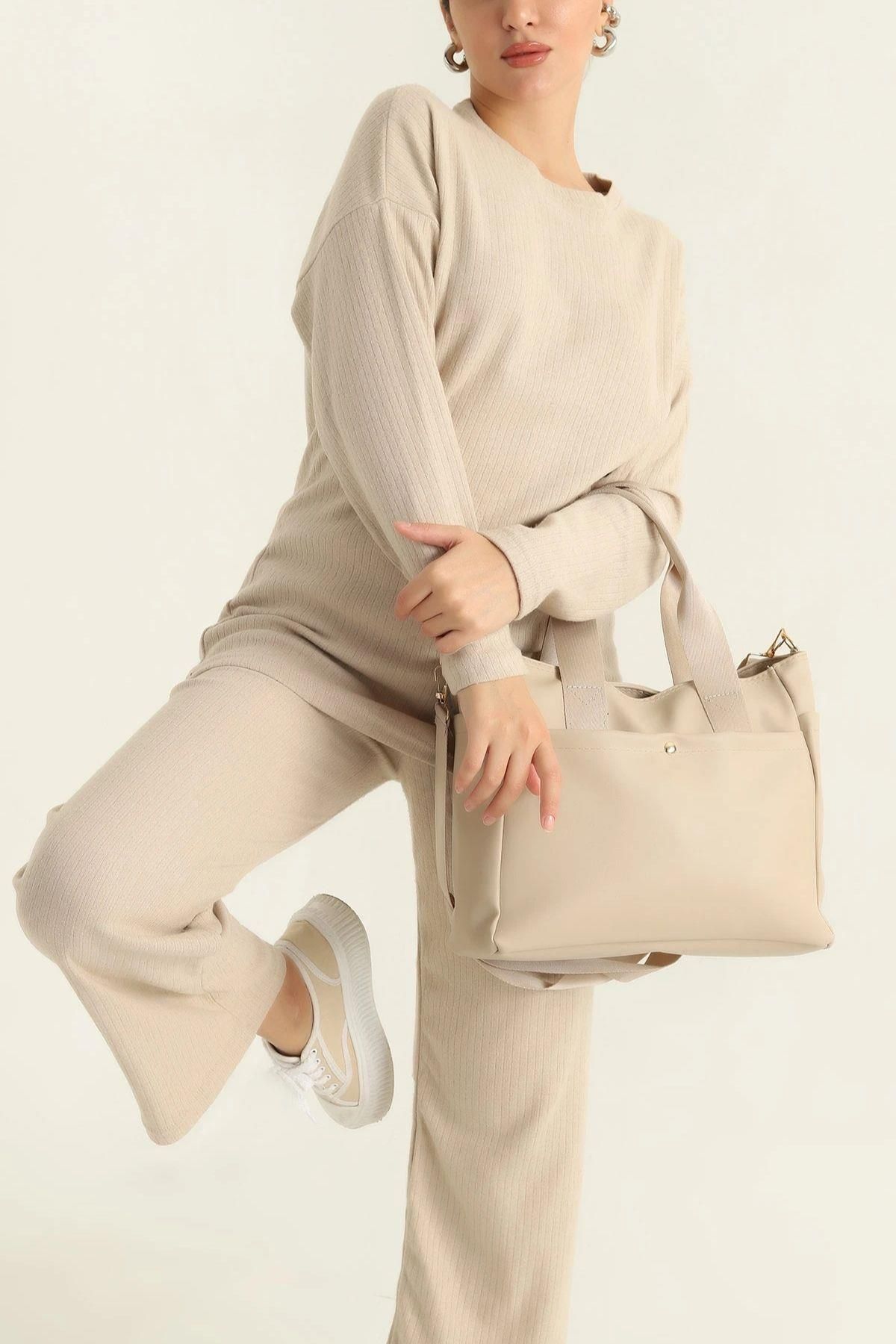 Mossta-Beige Colored Knitwear Trousers and Blouse Double Set 1