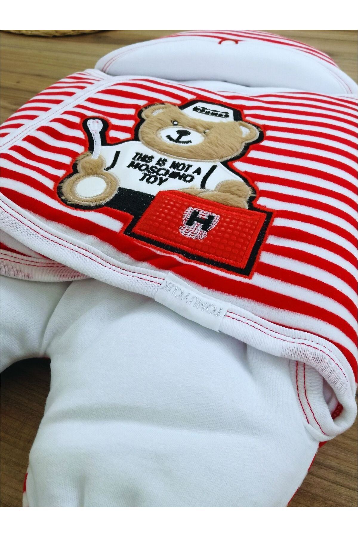 Tomuycuk-Unisex Newborn Baby Swaddle and Sleeping Bag - Teddy Bear Embroidered, Red Striped 5