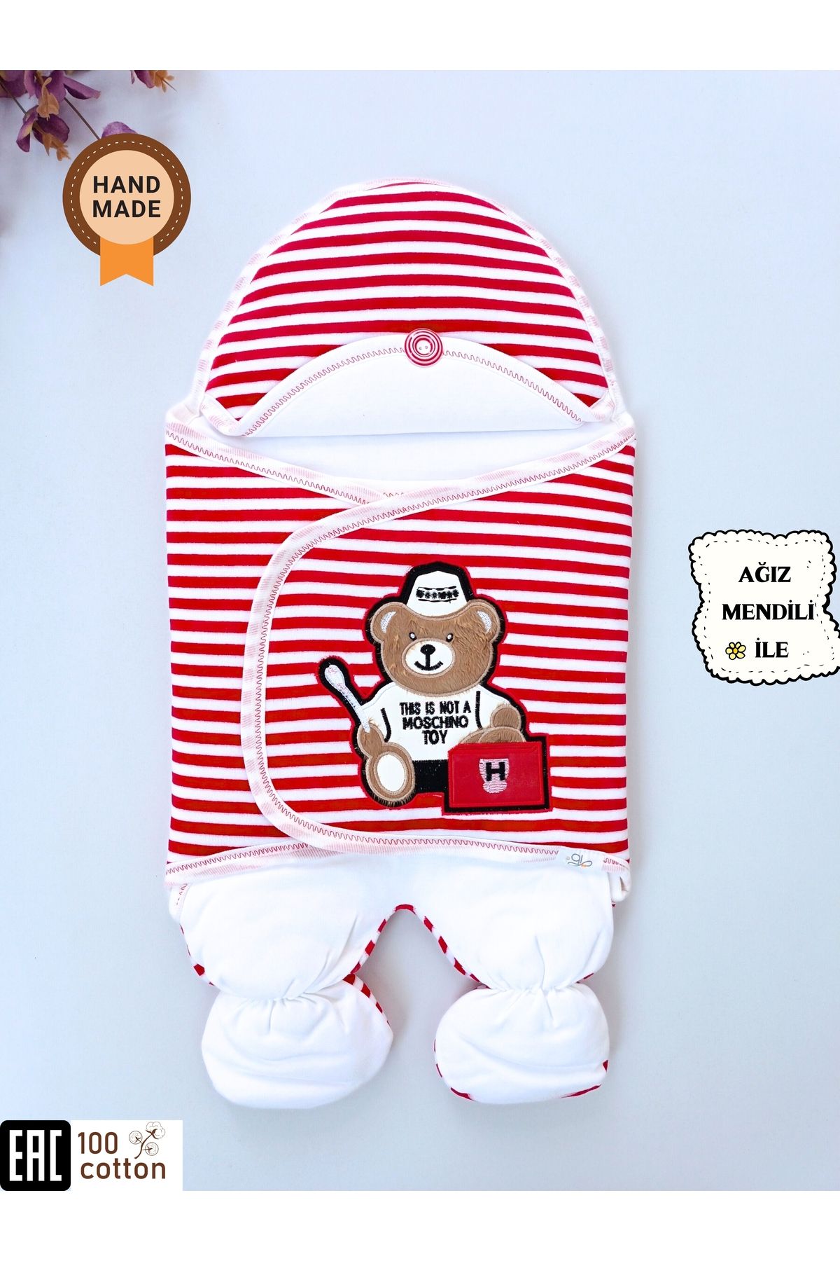 Tomuycuk-Unisex Newborn Baby Swaddle and Sleeping Bag - Teddy Bear Embroidered, Red Striped 1