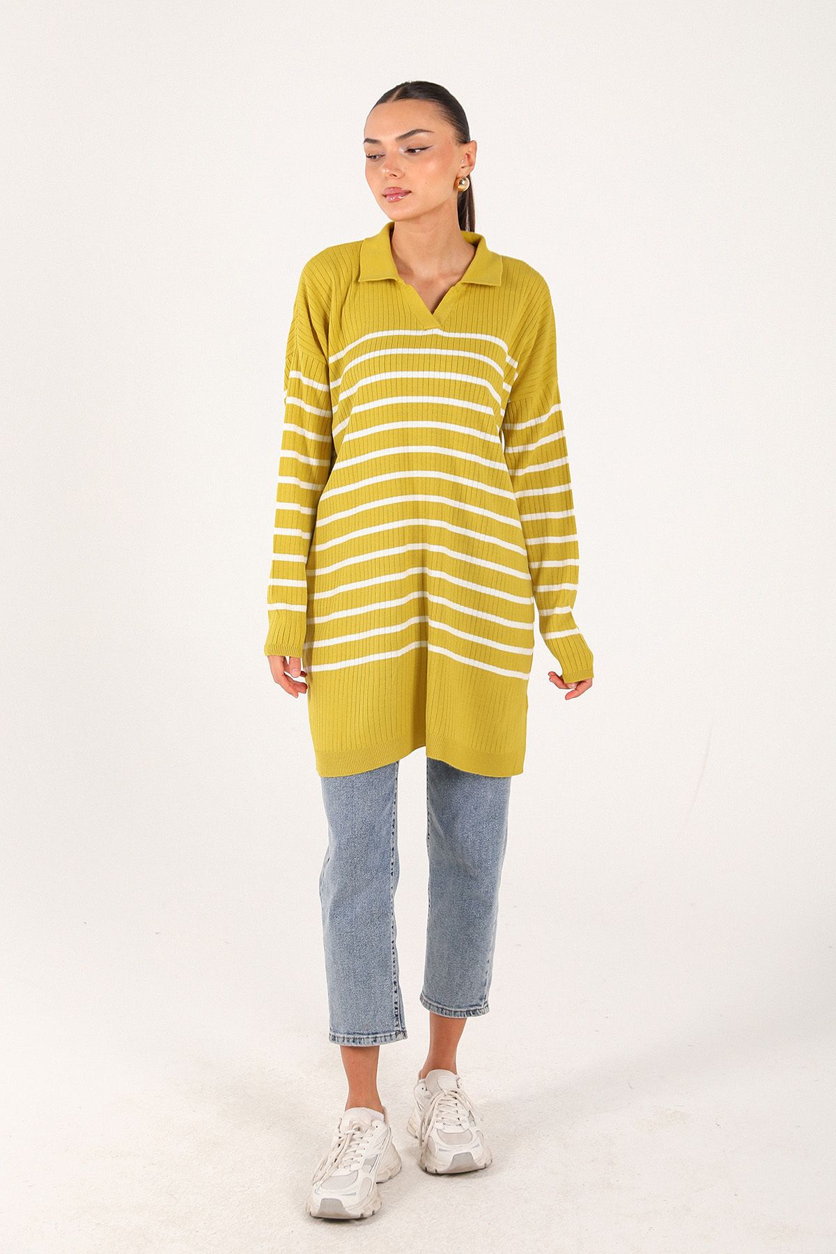 Melike Tatar-Oil Green Striped Knitwear Tunic 70-24325 2