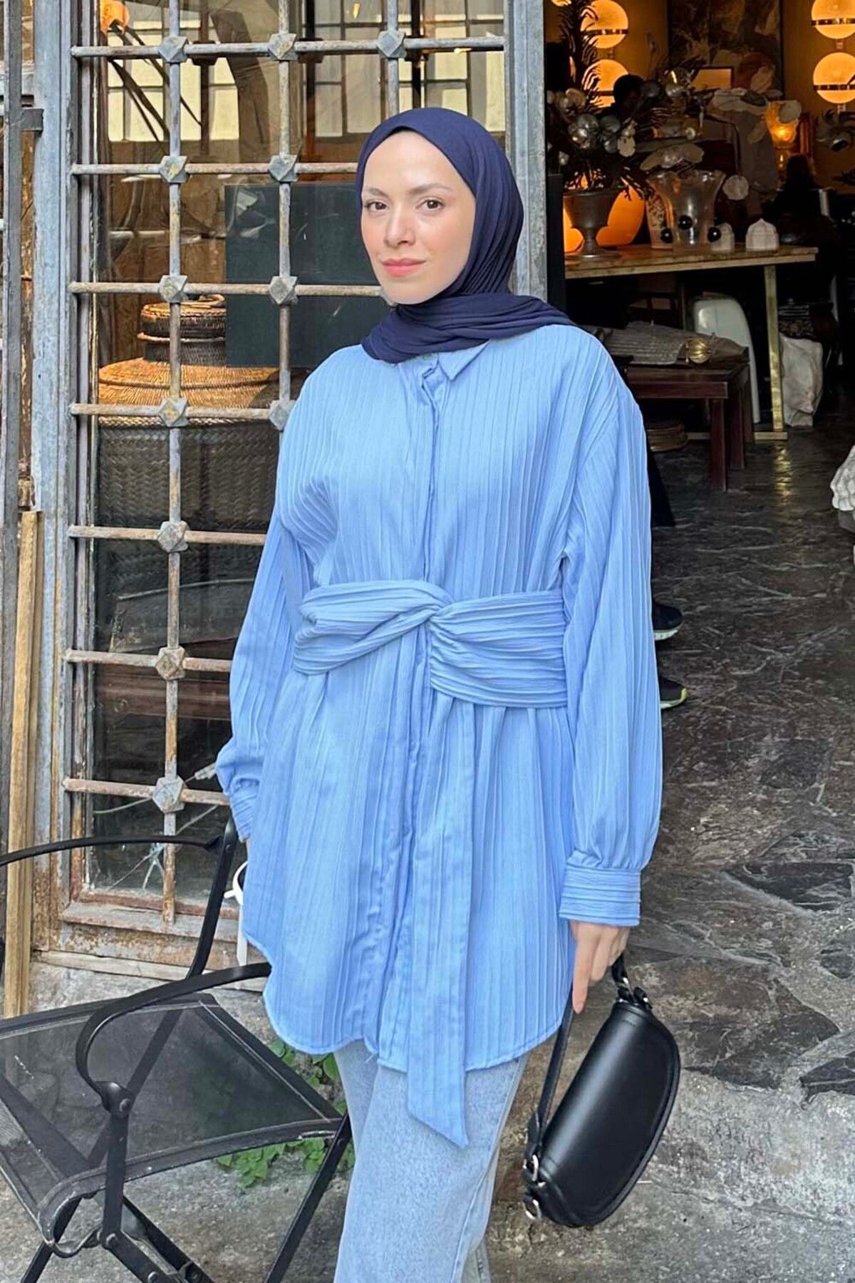 پیراهن پوشیده آبی زنانه تونیک با کمر اورجینال lamelif