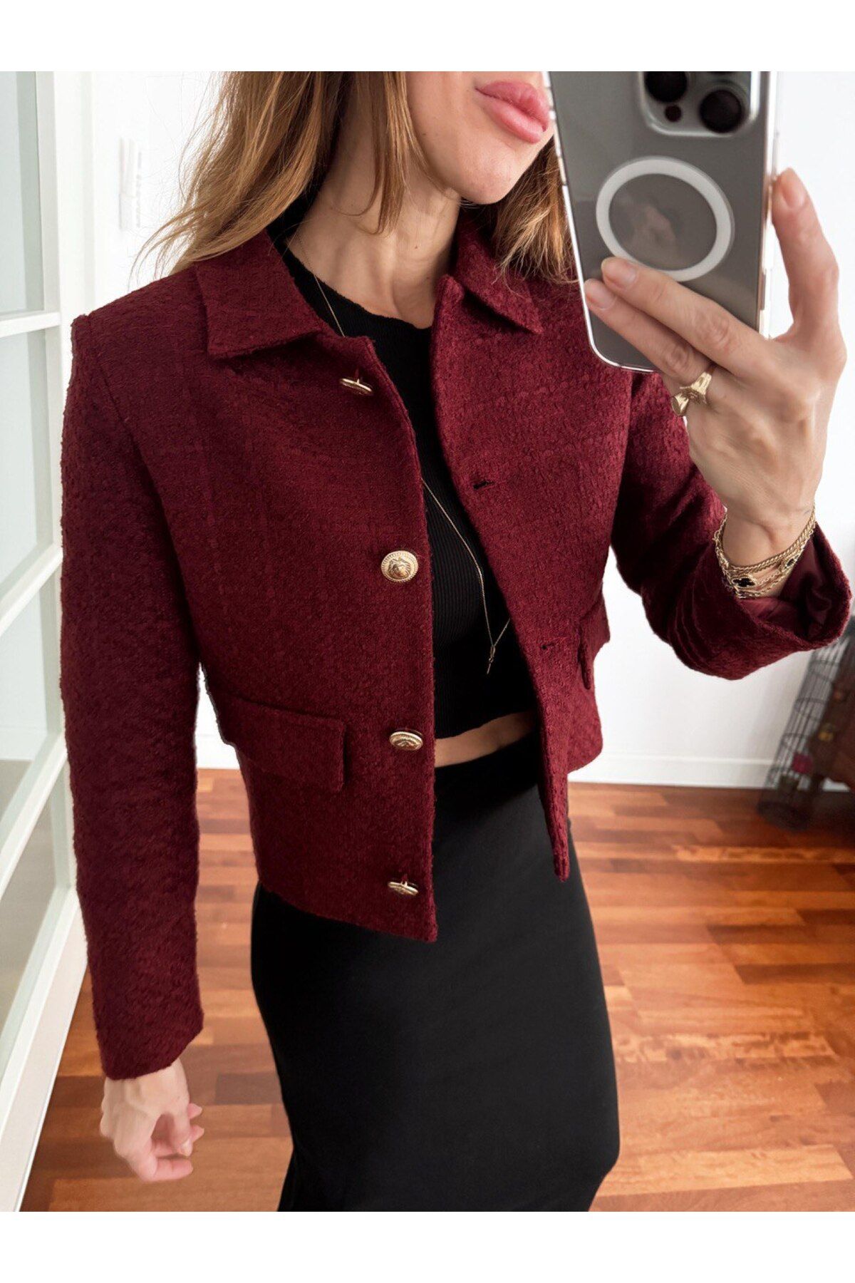 Maldia Shop-Women's Gold Button Blazer Burgundy Tweed Jacket 5