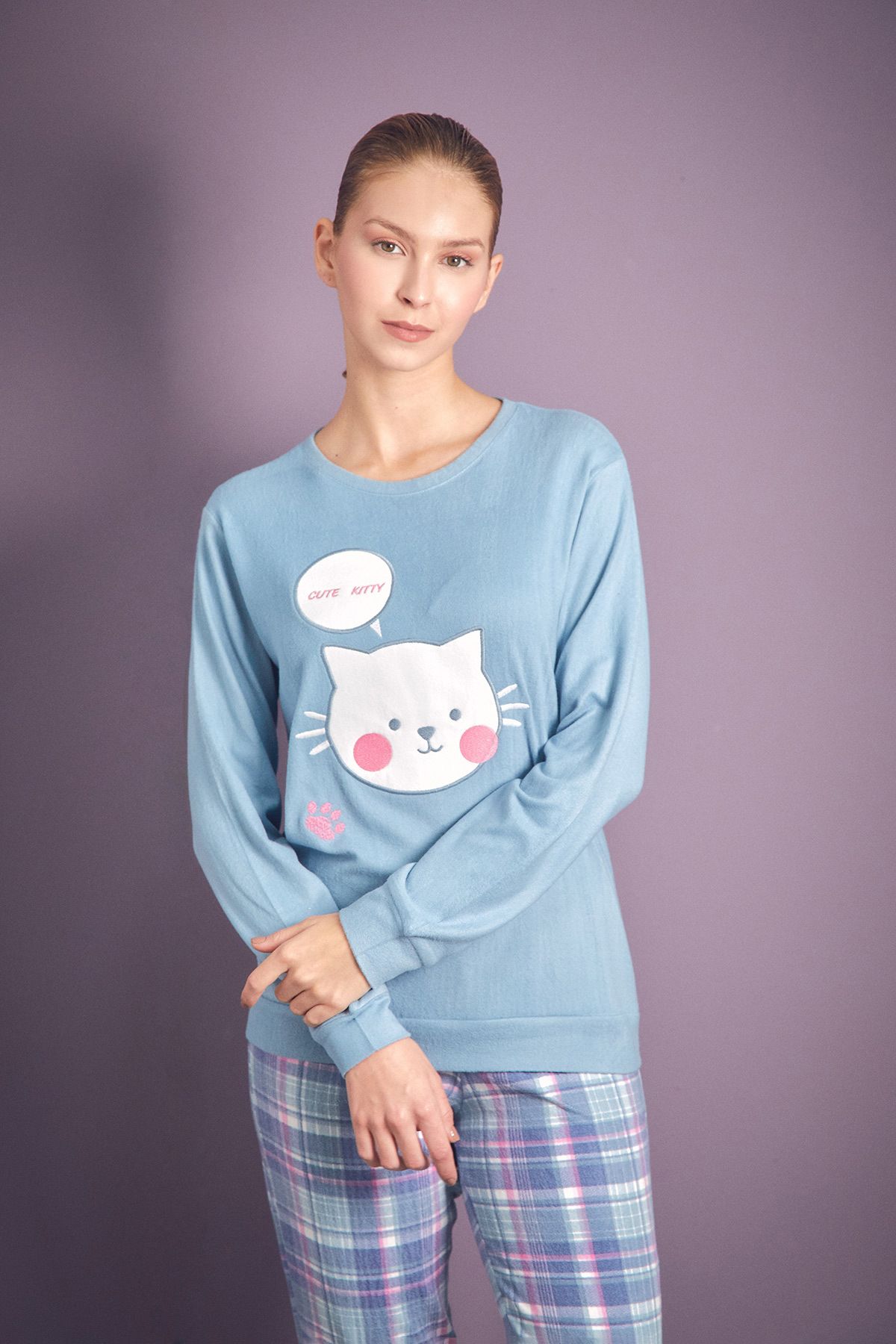 Fulla Moda-Set de pijamale din 2 piese cu gâtul rotund brodat cu pisici 4