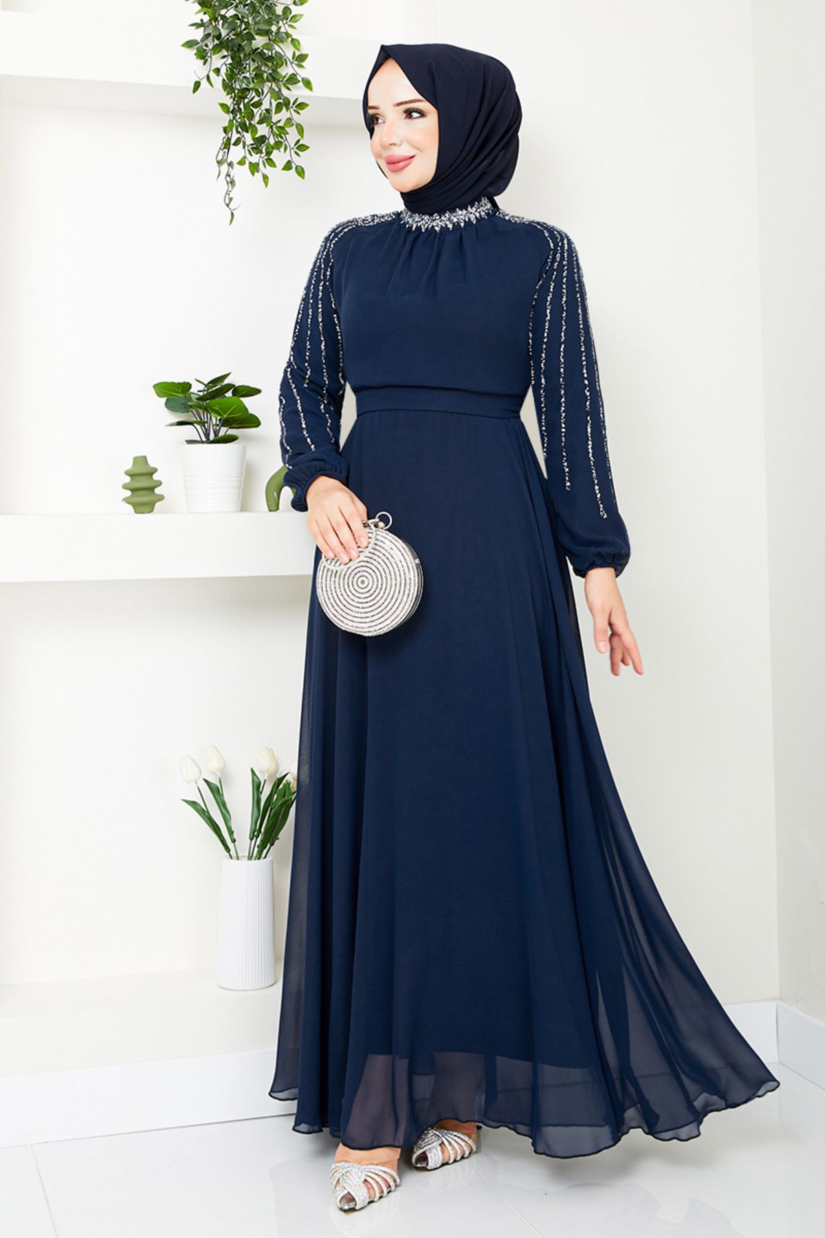 MissPul Kolları İşlemeli Abiye 6089LPN909-M Lacivert