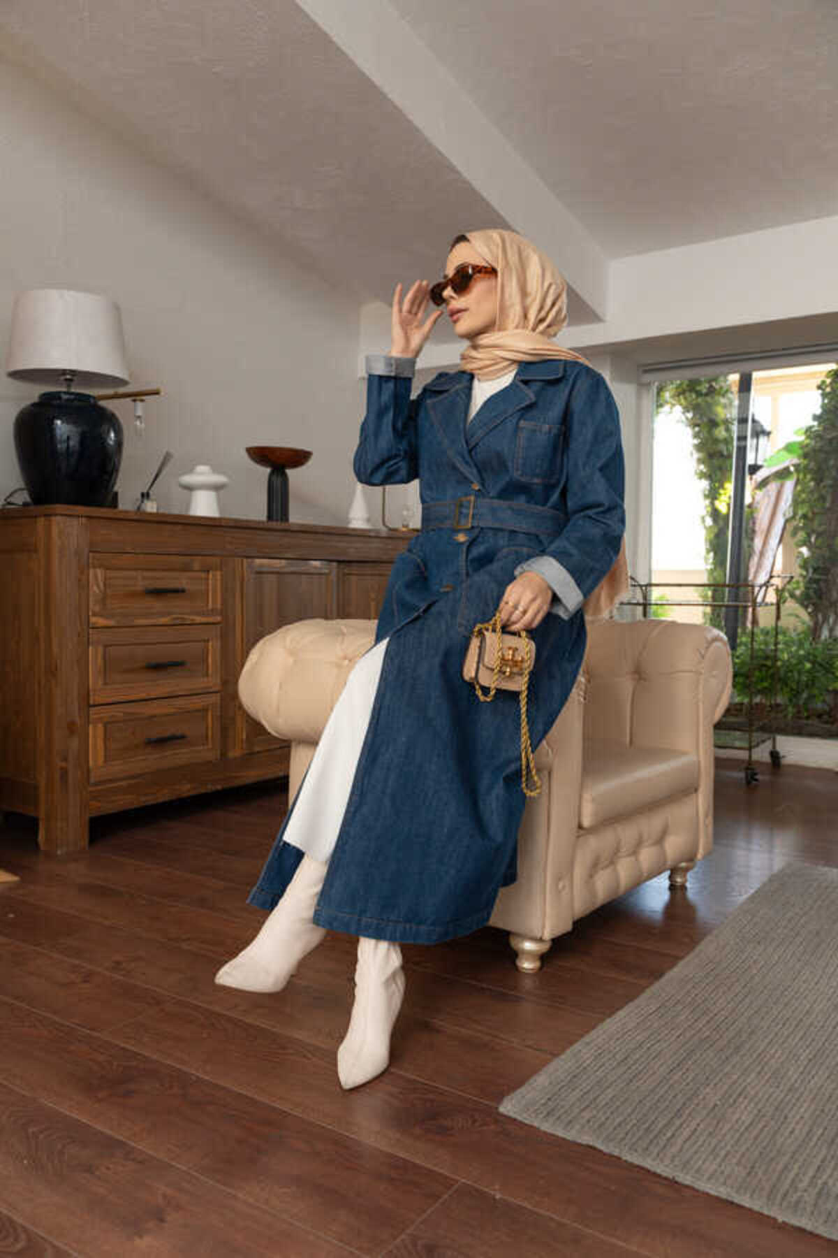 Neways  6655-Kuşaklı Denim Ceket Koyu Mavi - Görsel 8