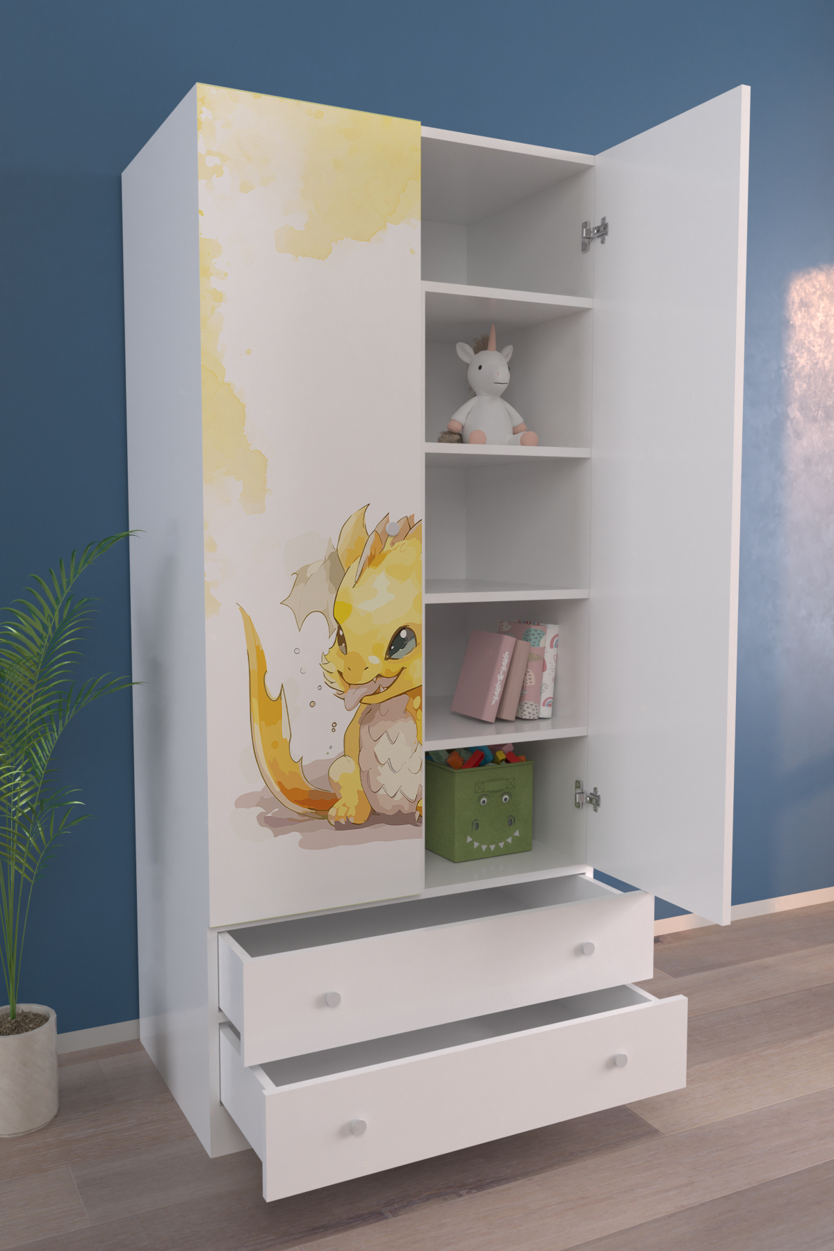 Hediyeler Kapında Çocuk Odası 2 Kapaklı Sunny Dino Gardırop 5 Raflı 2 Çekmeceli Askılı Elbise Dolabı fotoğrafı 2 (önizleme)