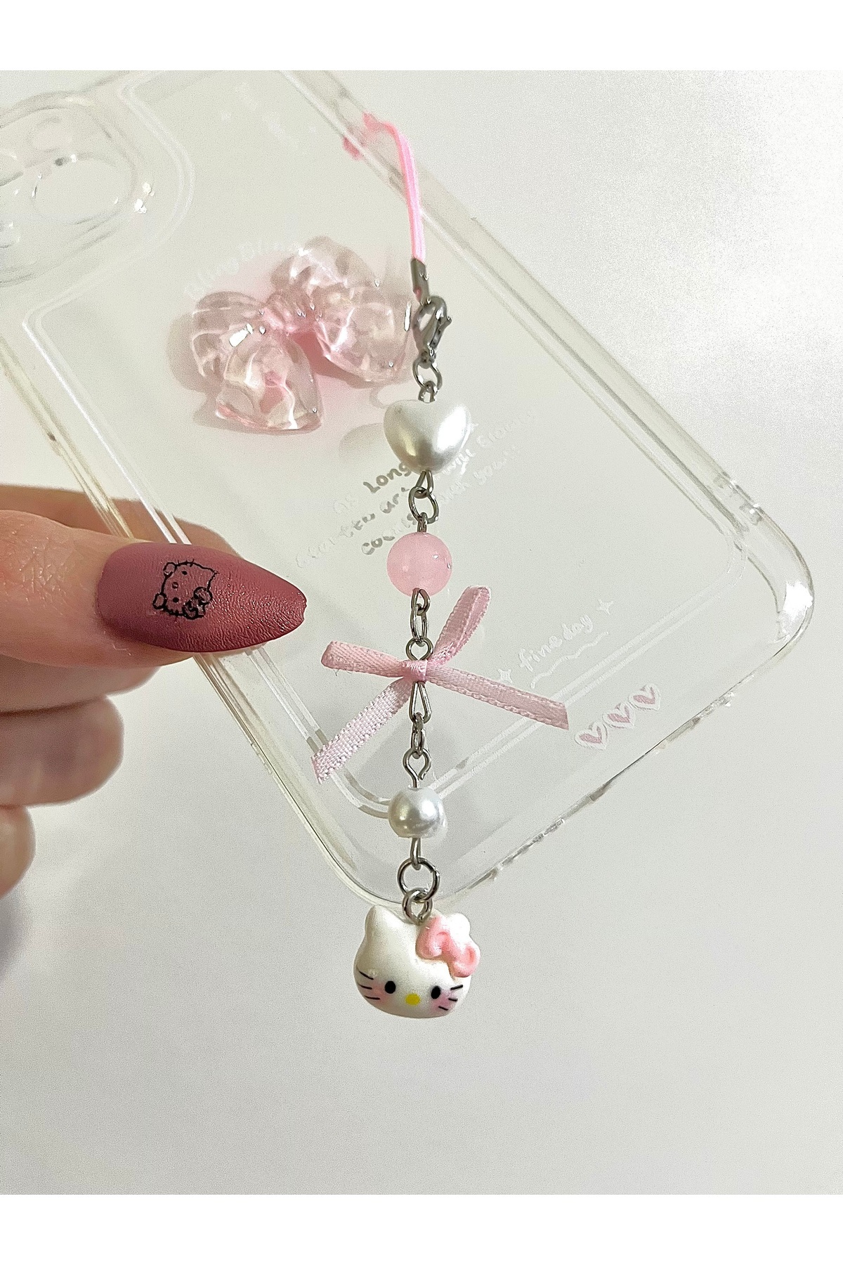 bohemian takı tasarim Hello Kitty Fiyonklu Telefon Charmı Telefon İpi