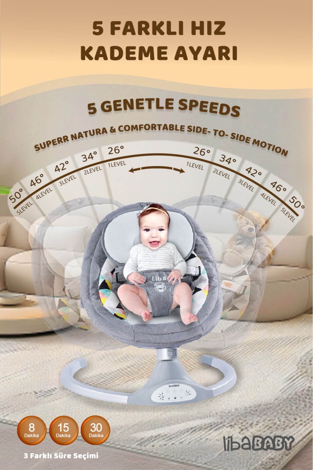 libaBABY KOALA Elite Elektrikli Bebek Ana Kucağı Bluetoothlu Otomatik Sallanan Müzikli Kumandalı Anakucağı fotoğrafı 2 (önizleme)