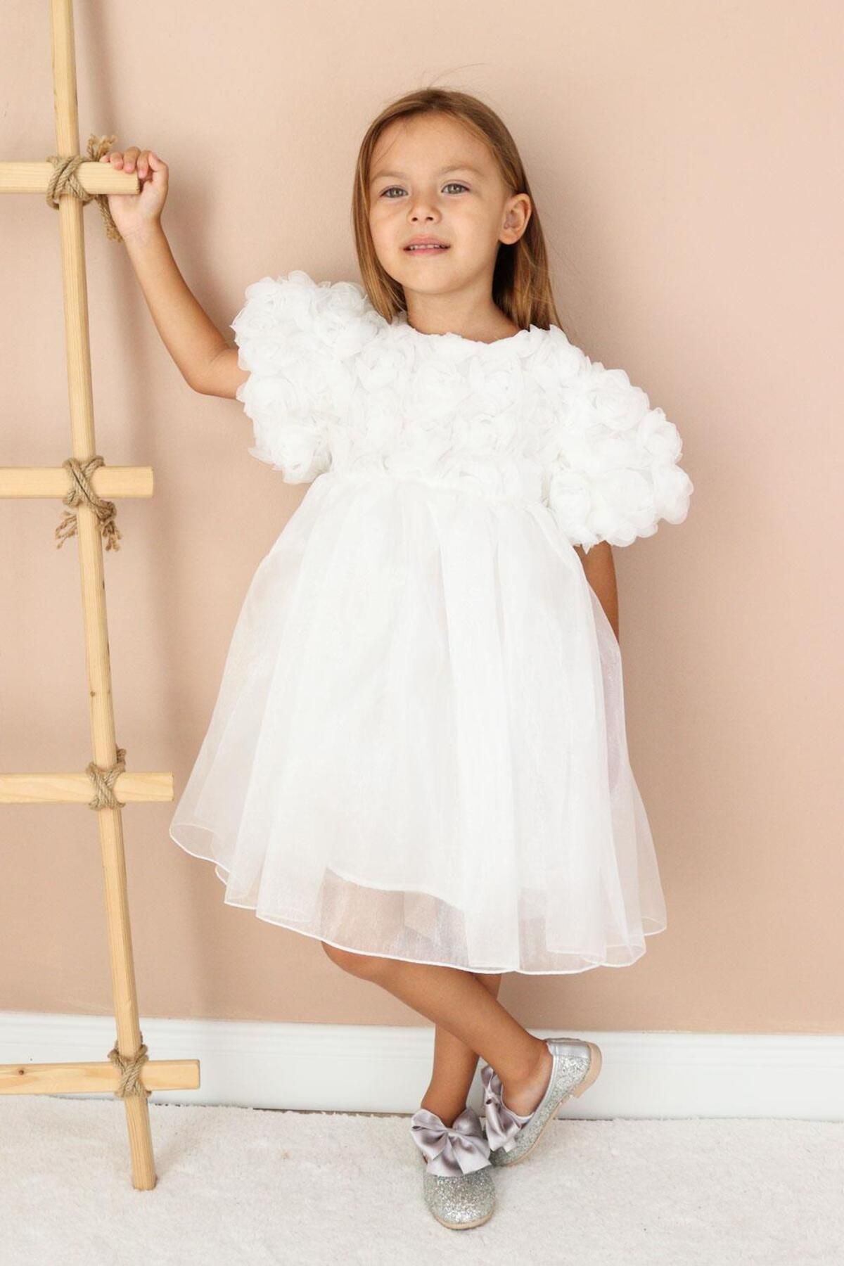 Le Mabelle-Girls' Dress with White Rose Detail and Tulle Skirt - Nelia 1