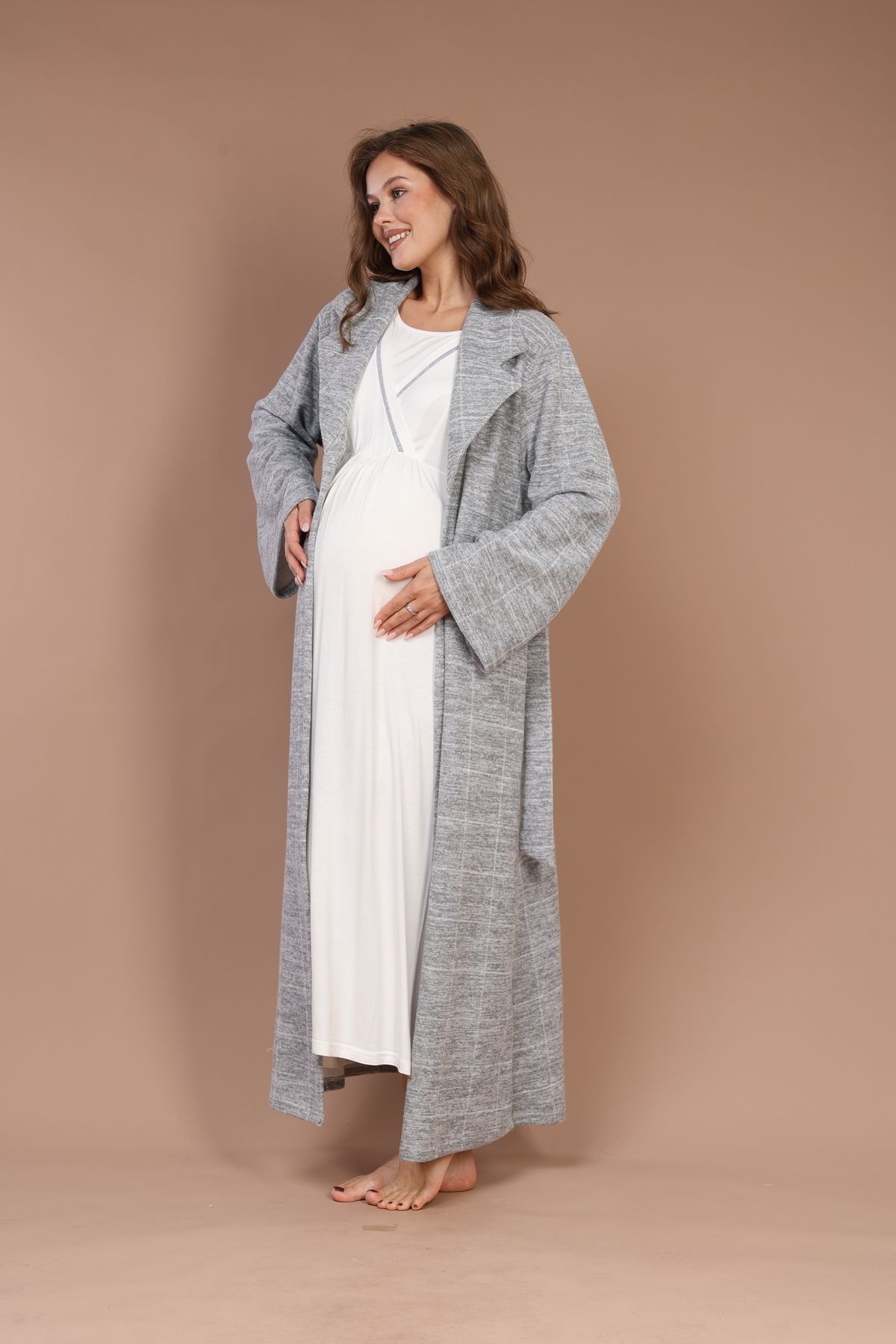 LOHOUSE-Women's Gray Concealed Breastfeeding Featured Maternity Nightgown Dressing Gown Set 4