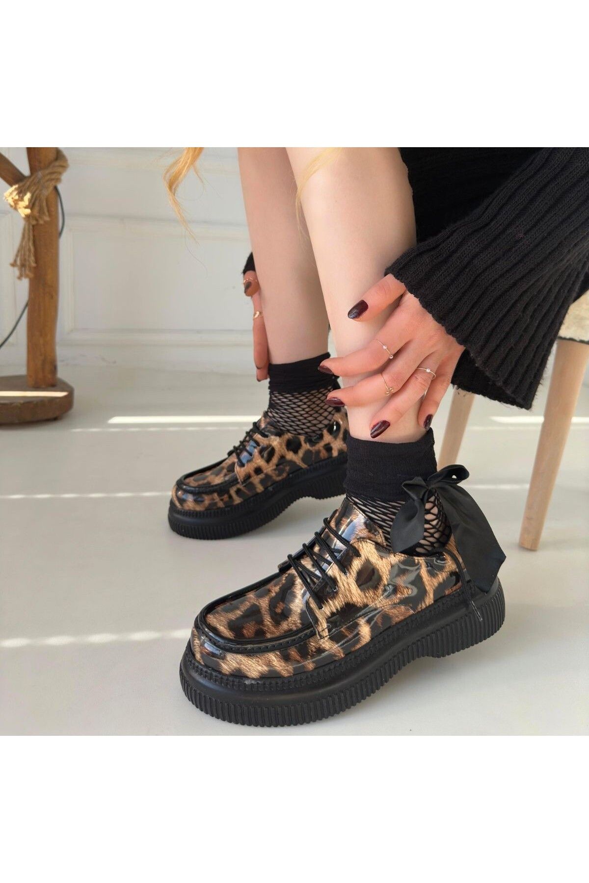 shoesxml Teop Leopard Leather Laced Balerina Shoes