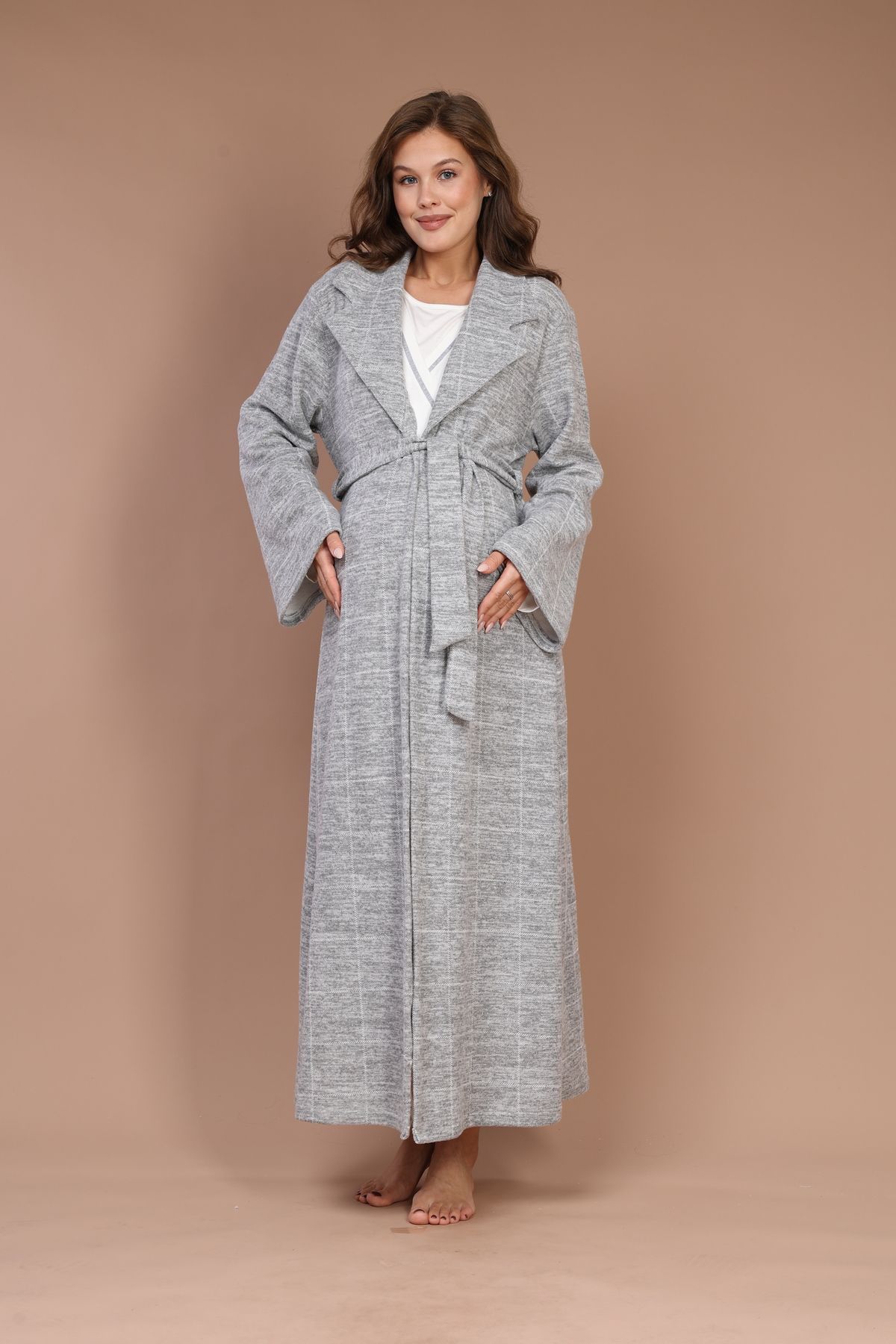 LOHOUSE-Women's Gray Concealed Breastfeeding Featured Maternity Nightgown Dressing Gown Set 1