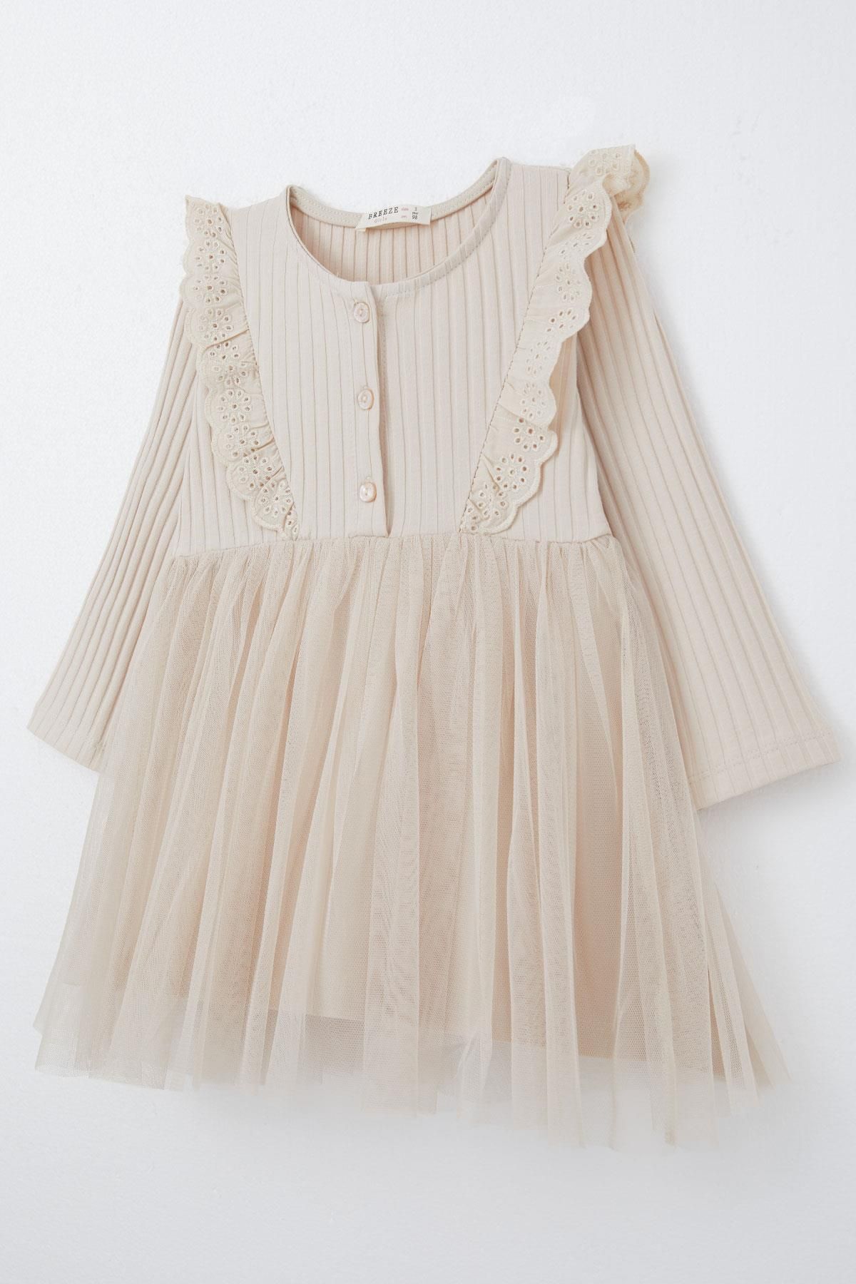 Breeze-Beige Dress for Girls - Long Sleeve, Guipure Embroidery, Button, 3-8 Years 3