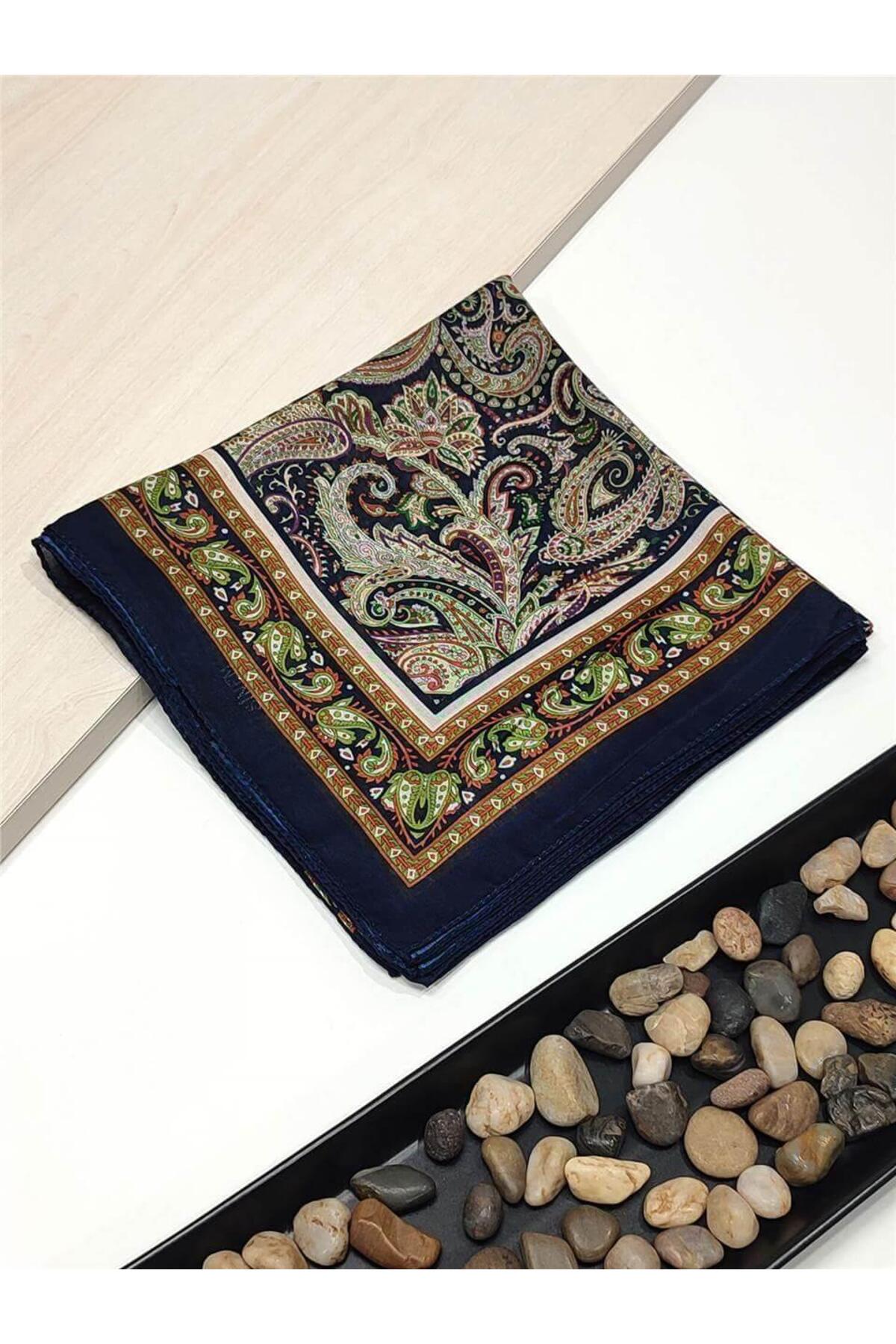 Lacivert Etnik Desenli Dijital Elegance Pamuklu Eşarp Yazma