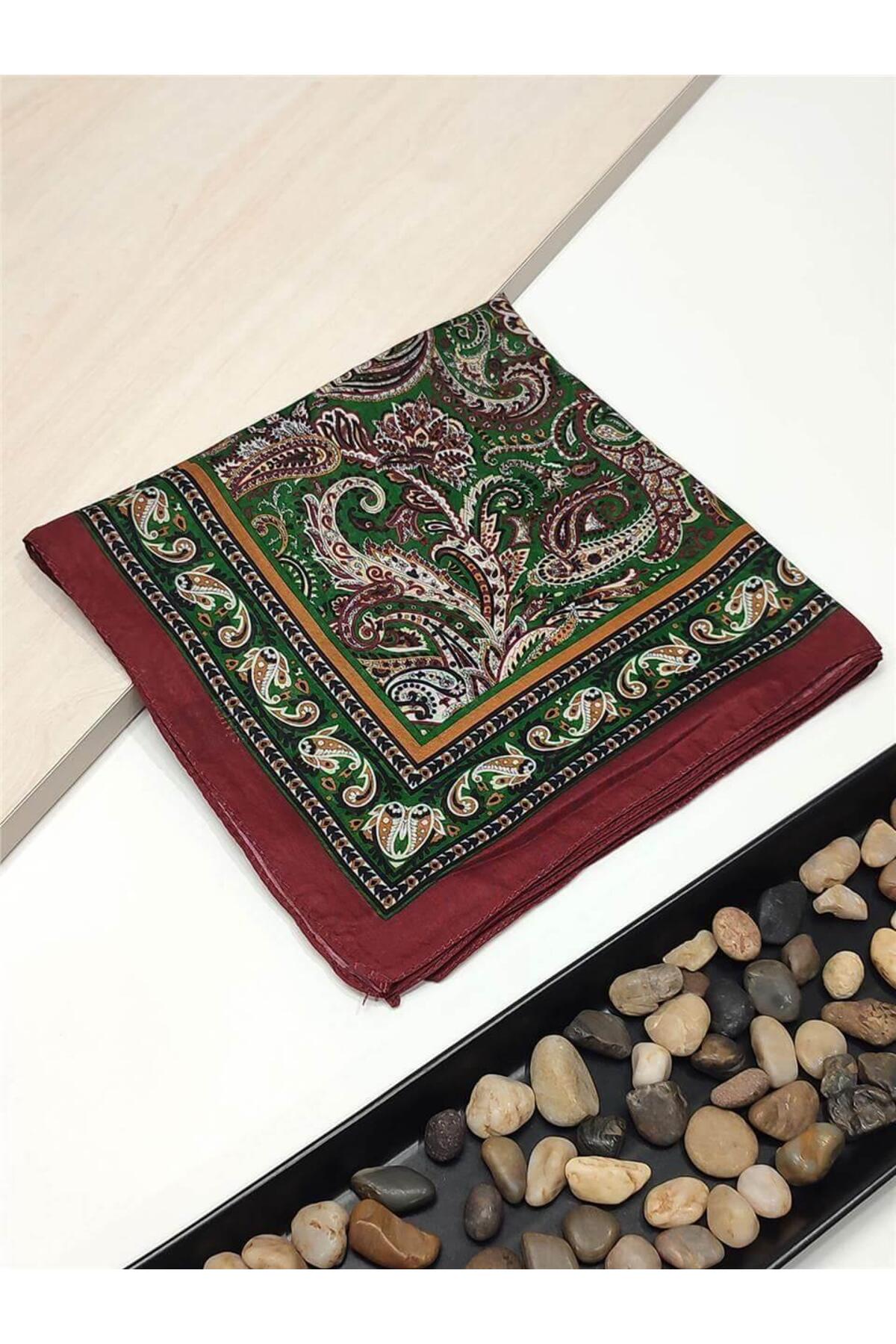 Bordo Etnik Desenli Dijital Elegance Pamuklu Eşarp Yazma