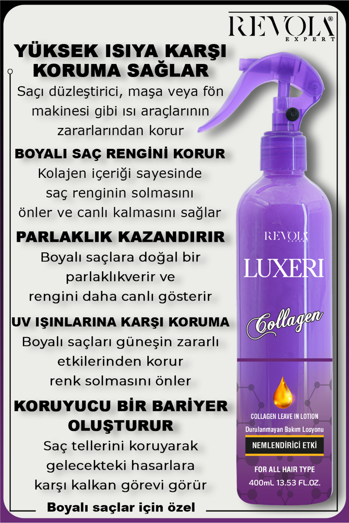 Boyalı Saçlar İçin Ekstra Koruma Sağlayan Durulanmayan Kolajen Fön Suyu Besleyici Saç Bakım Spreyi — Kolajen1 — تصویر 2 از 4