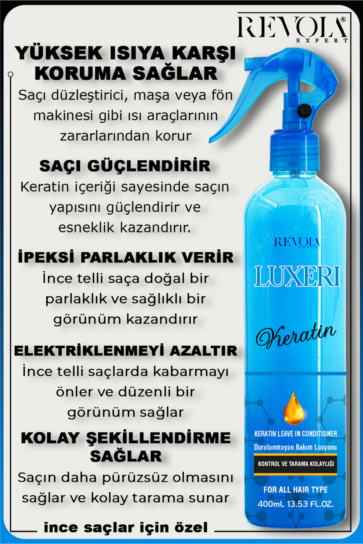 İnce Saçlar İçin Keratin Fön Suyu Ekstra Dolgunluk Sağlayan Isı Koruma Durulanmayan Saç Bakım Spreyi — Keratin1 — تصویر 2 از 4