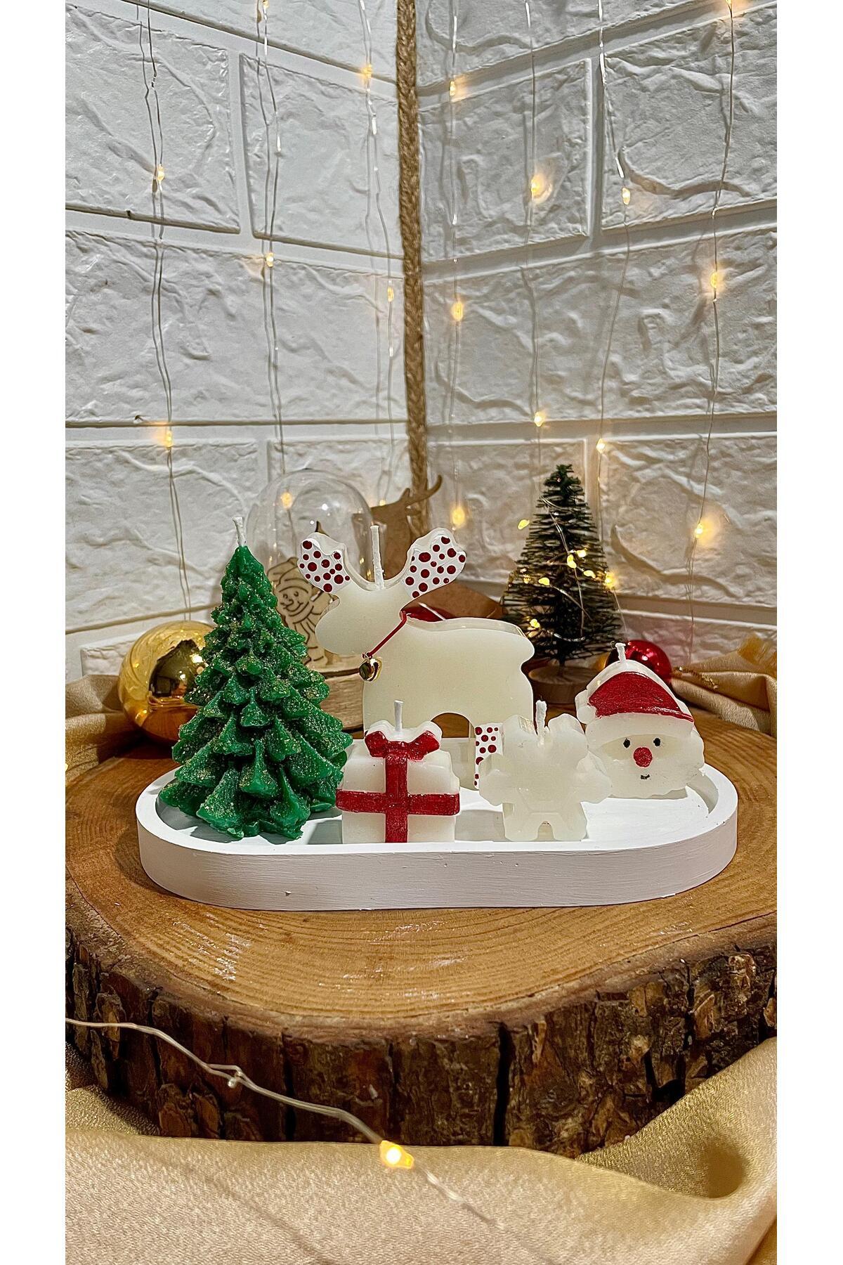 mumcu 6 Parça Yılbaşı Temalı Mum Seti Tabak ve 5 Adet Mum Yılbaşı Hediyesi Dekoratif Mum