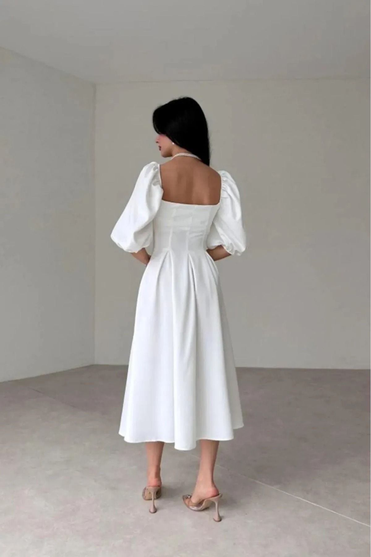 Daem Butik-Women's White Square Collar Balloon Sleeve Ruffle Lined Midi Dress 3