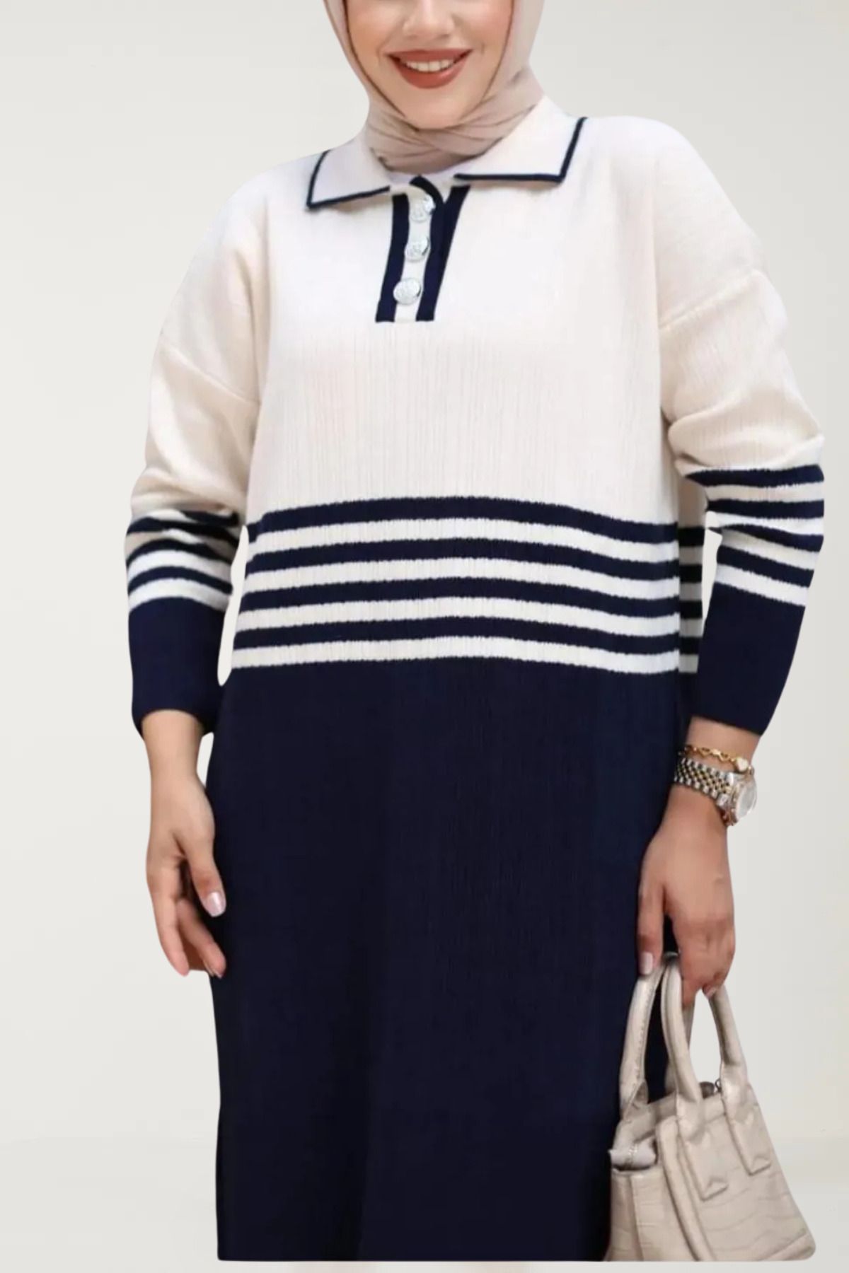 YUMİSO-Polo Neck Long Sleeve Striped Knitwear Dress 2