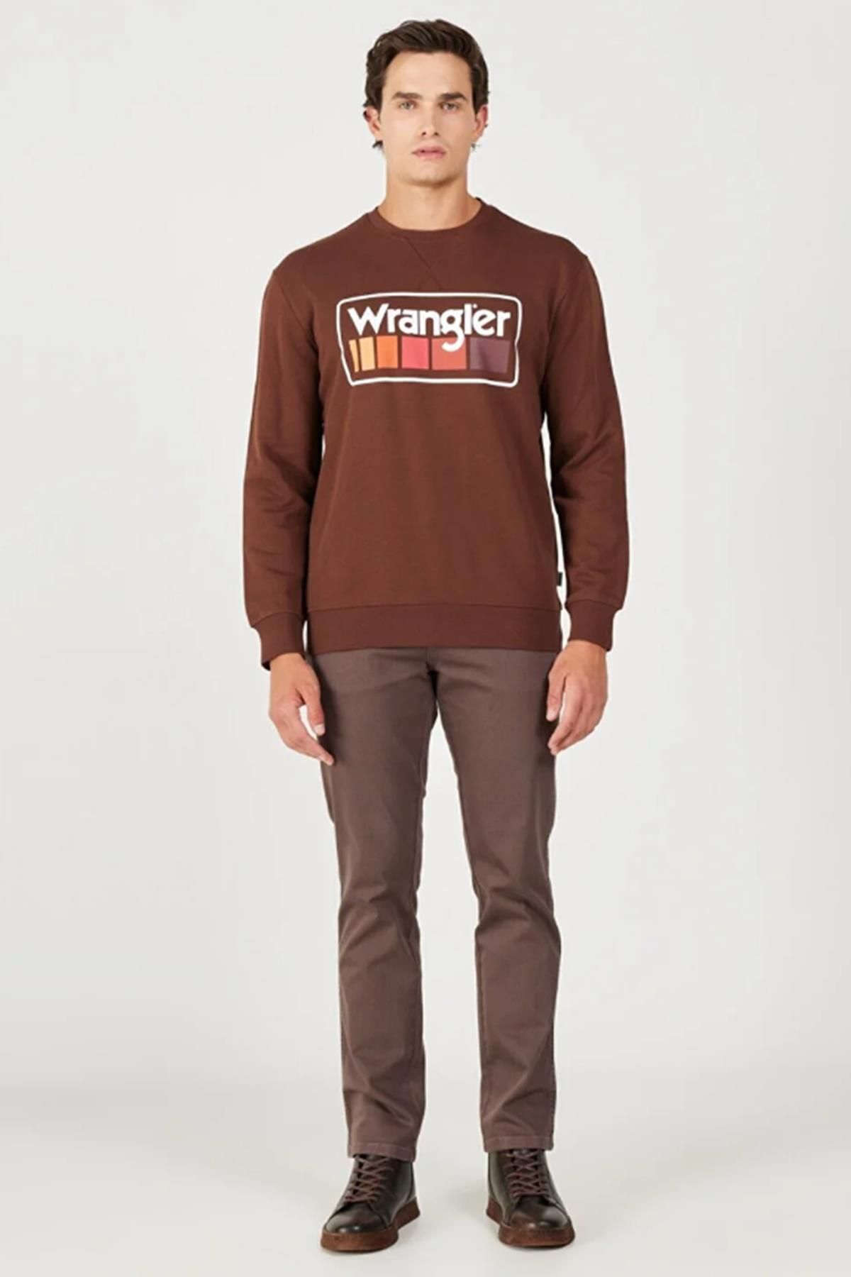 سویشرت چند رنگ مردانه W646H1H44 یقه دوچرخه طرح دار قهوه ای عرق Wrangler