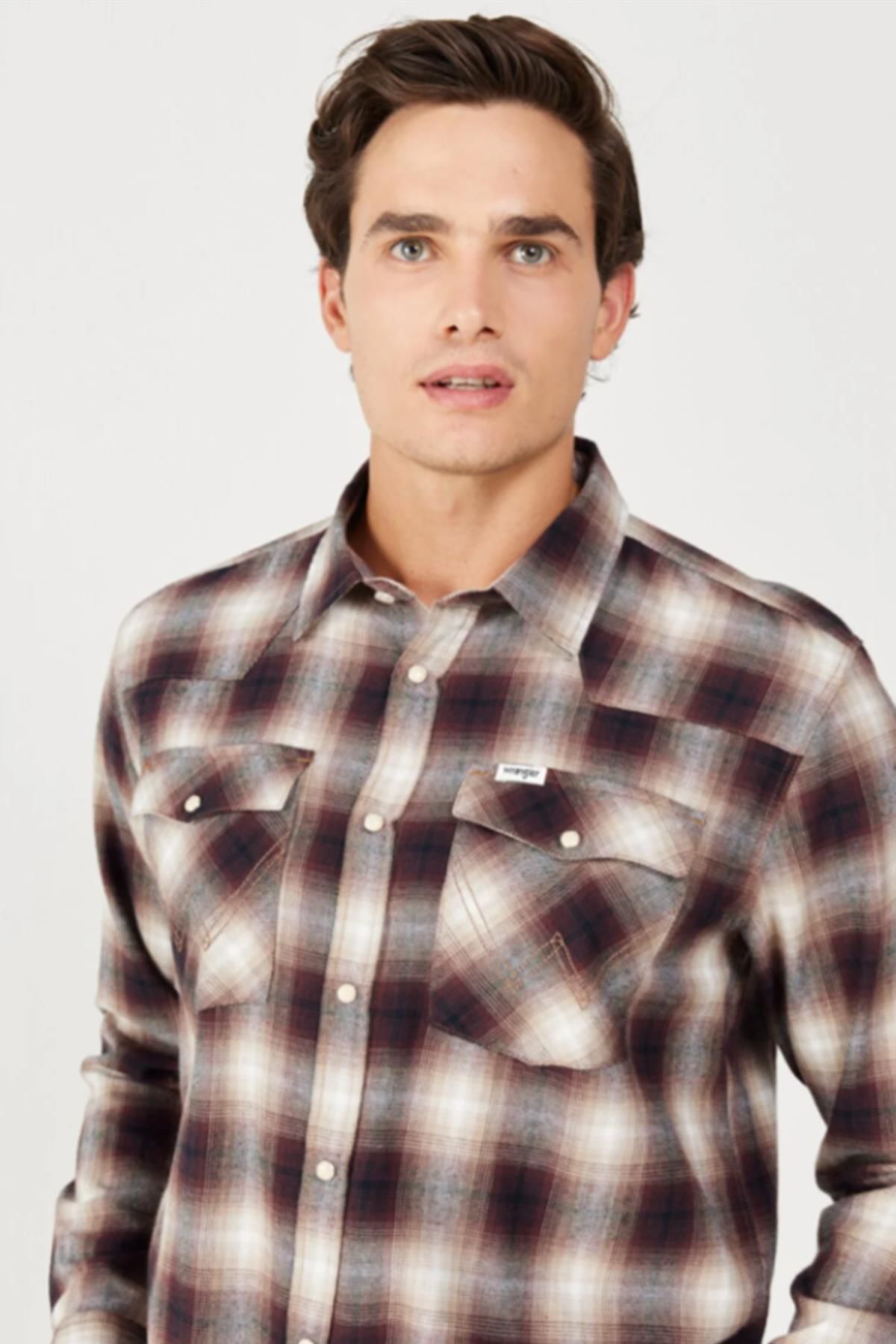 پیراهن / بلوز دکمه دار قرمز مردانه W556B3H68 Bordeaux Krem Karel با Wrangler