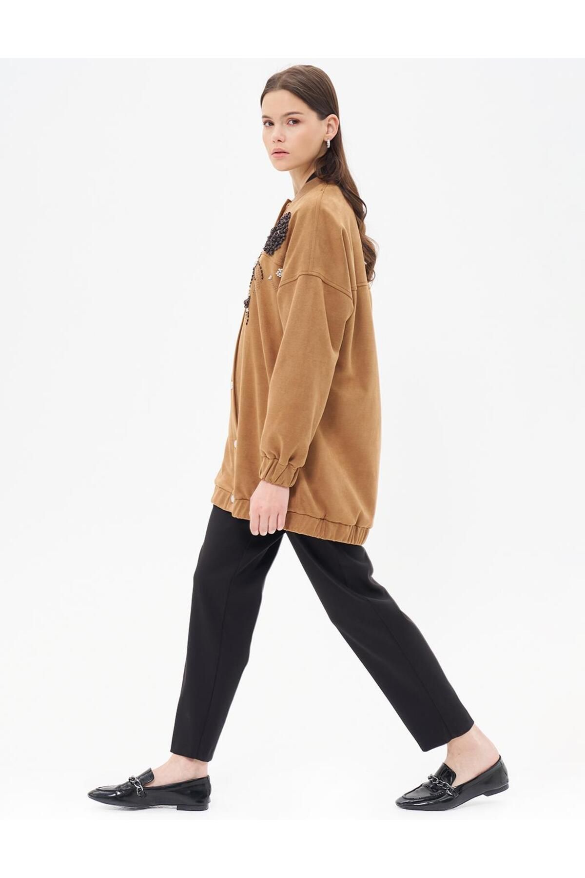 Kayra-Camel Suede Jacket - Embroidered Detailed 3