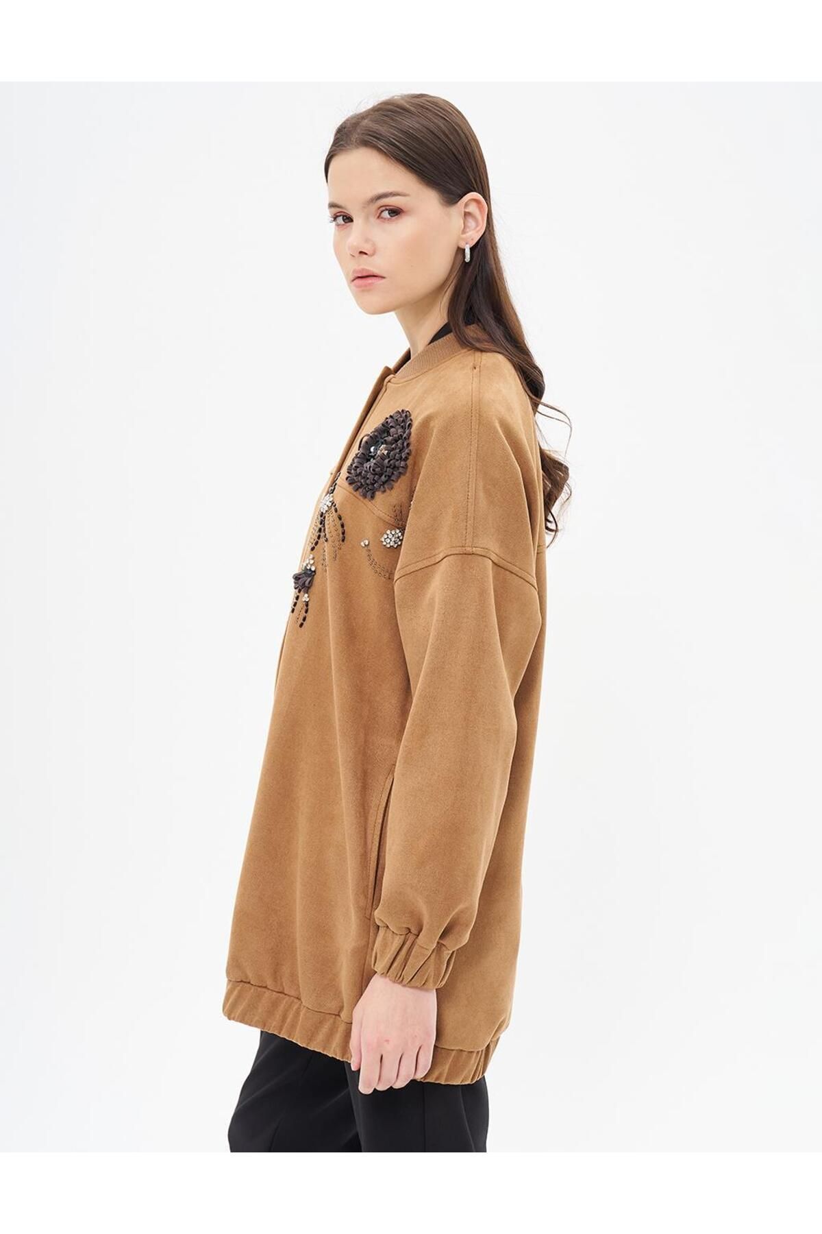 Kayra-Camel Suede Jacket - Embroidered Detailed 5