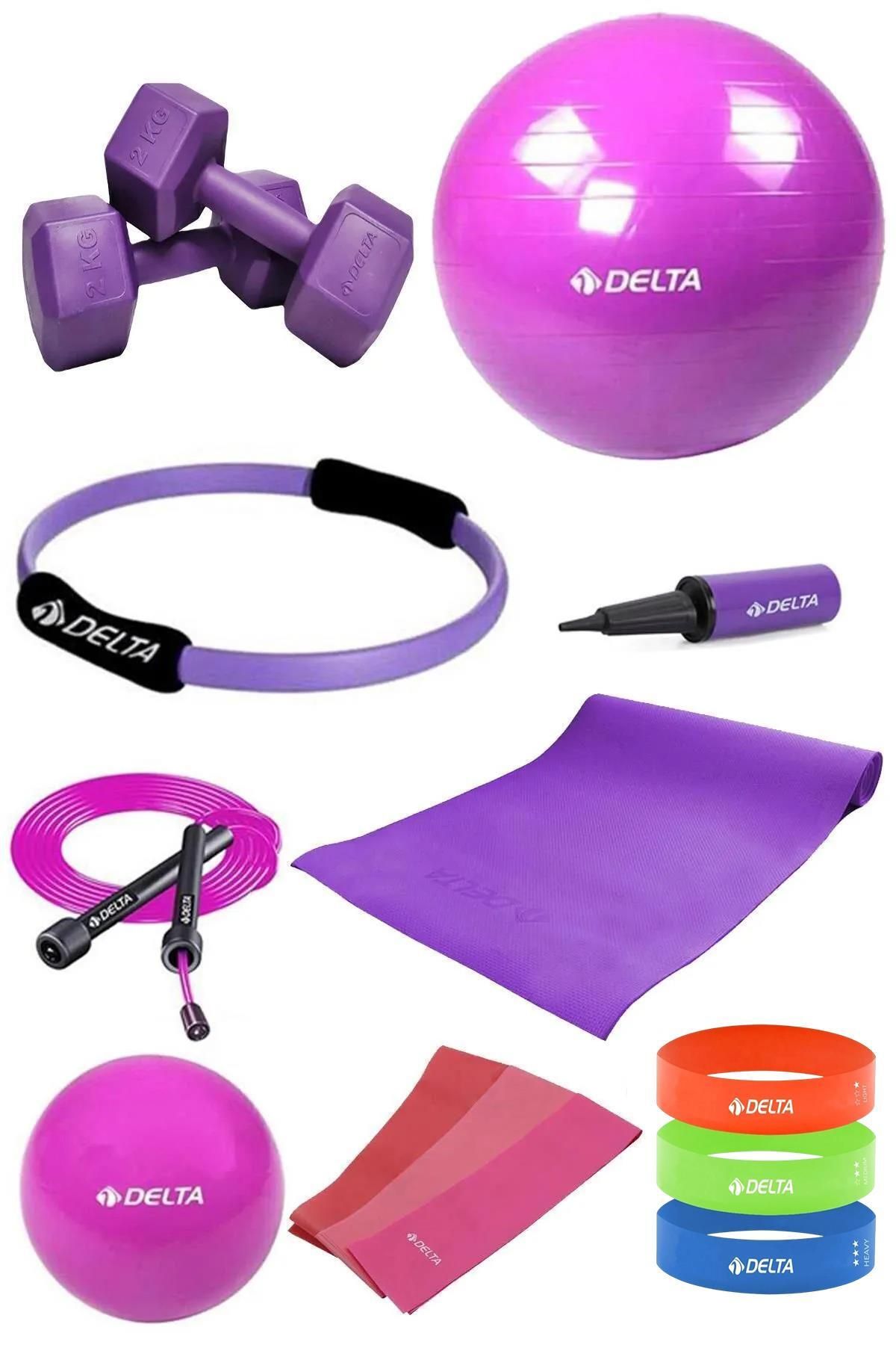 Delta-140-159 Cm Paint Suitable 14 Piece Pilates Set - 55 Cm Ball, 4 Mm Cushion Hoop, Squat Band 2 Kg Dumbbell 1