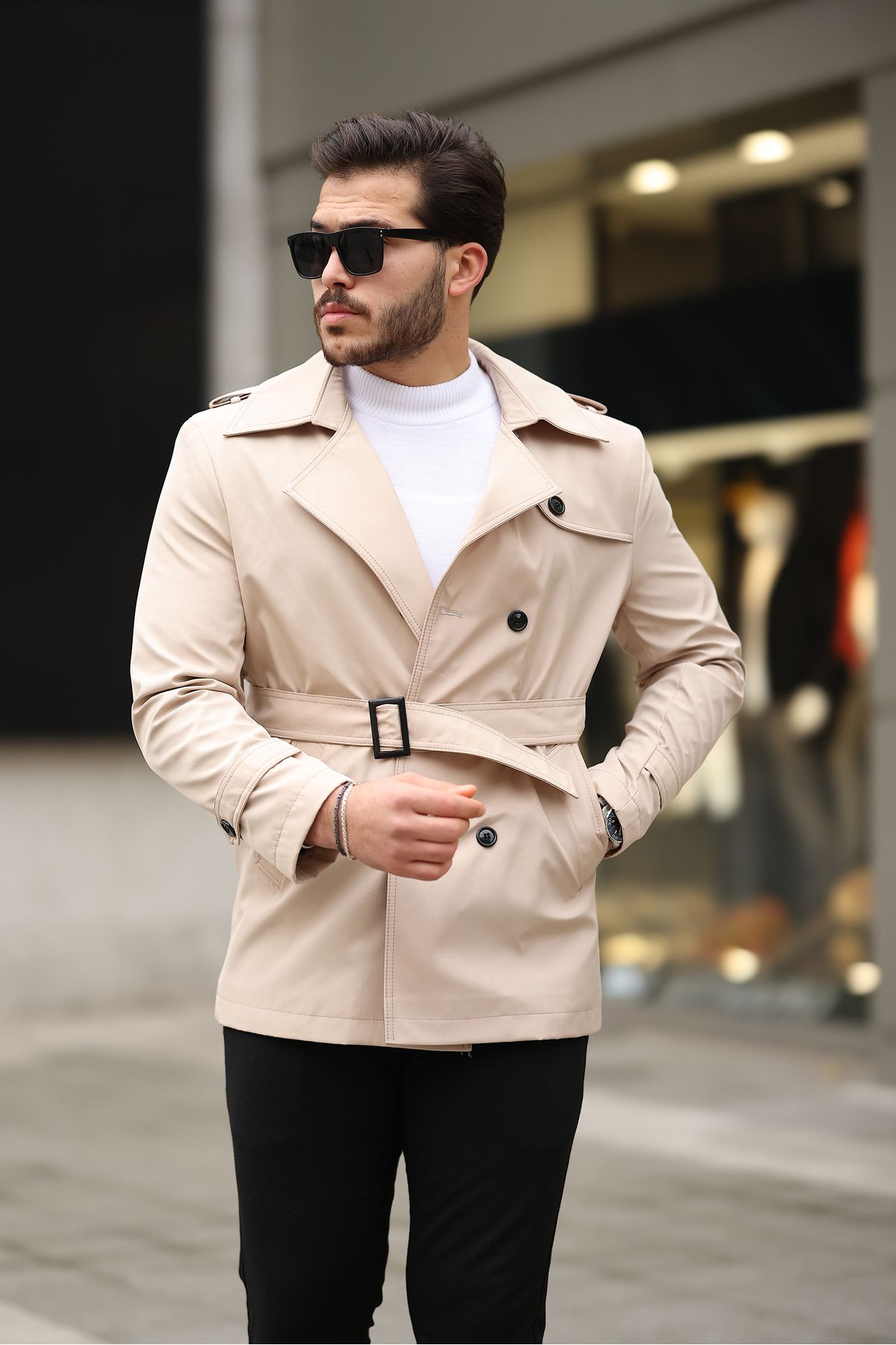 OHEPMODA Slim Fit Kemerli Erkek Trençkot