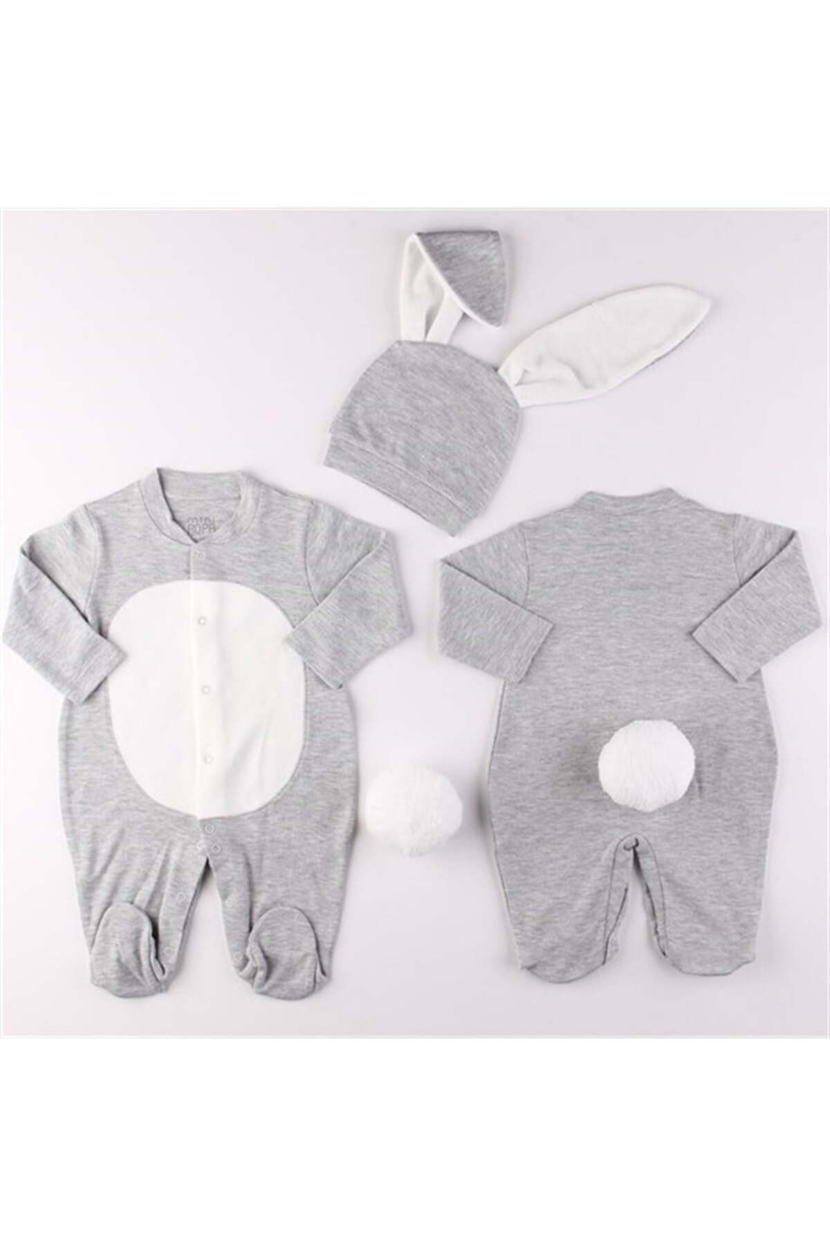Mini Ropa Gri Renk Bebek Tavşan Ponponlu Tavşan Kulaklı Tulum Bebek Hediyesi Bebek Fotoğtaf Çekimi Ürünü fotoğrafı 3 (önizleme)