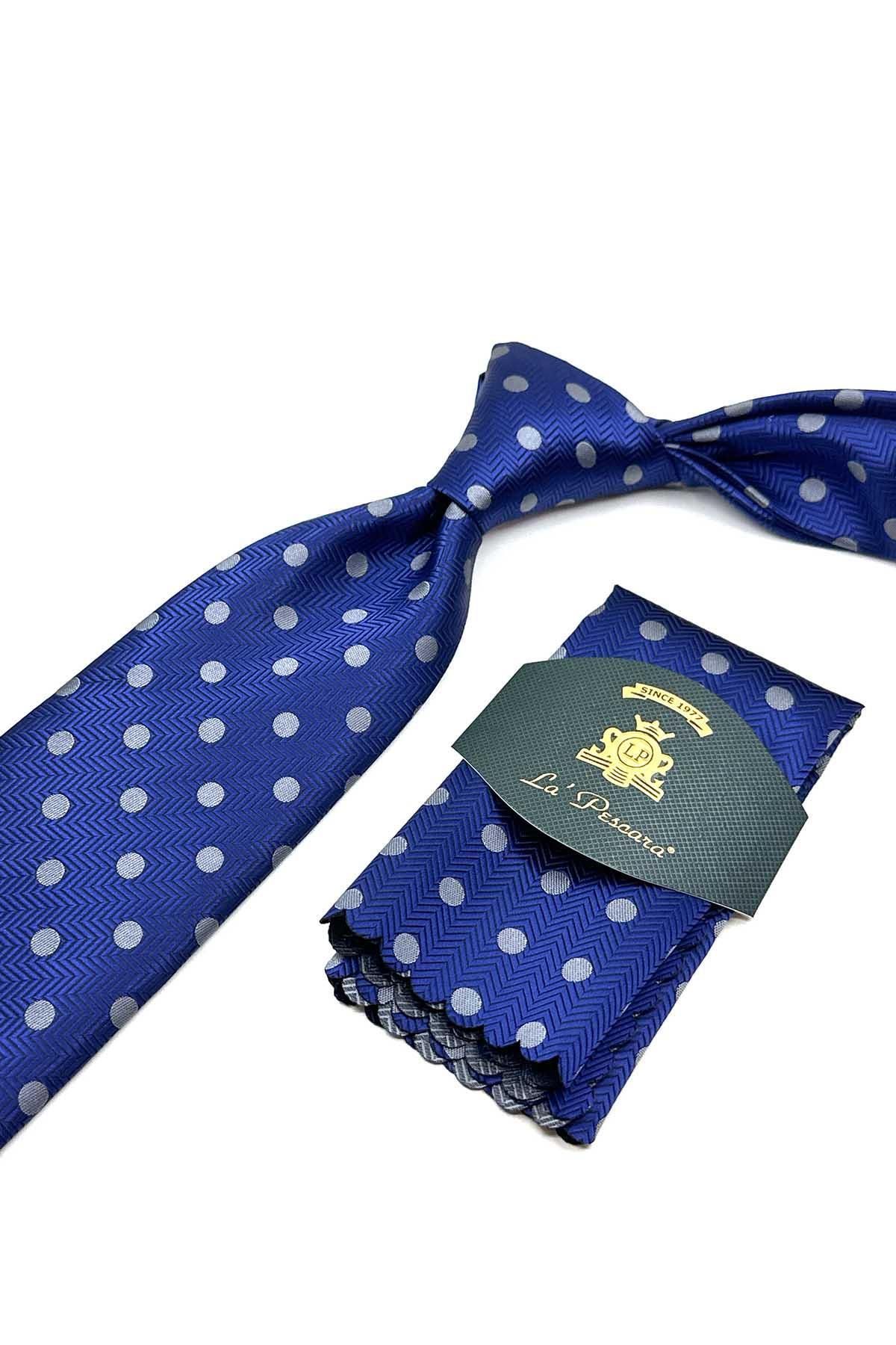 Kravatkolik-Midnight Blue Polka Dot Pattern Classic Tie with Handkerchief Kk13097 2