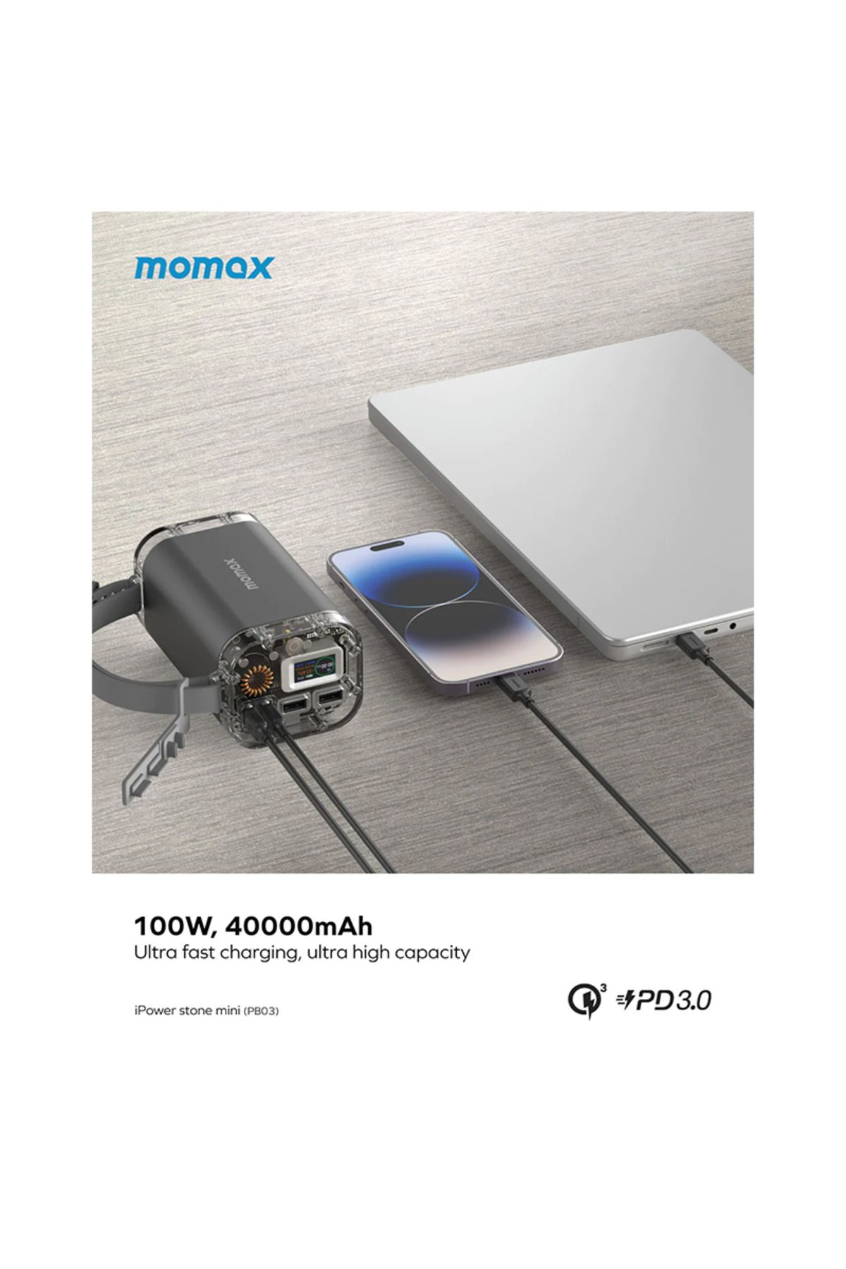 Momax-iPowerstone Mini Power Station, 40000mAh Capacity, Fast Charge, 100W Output, Space Grey 4