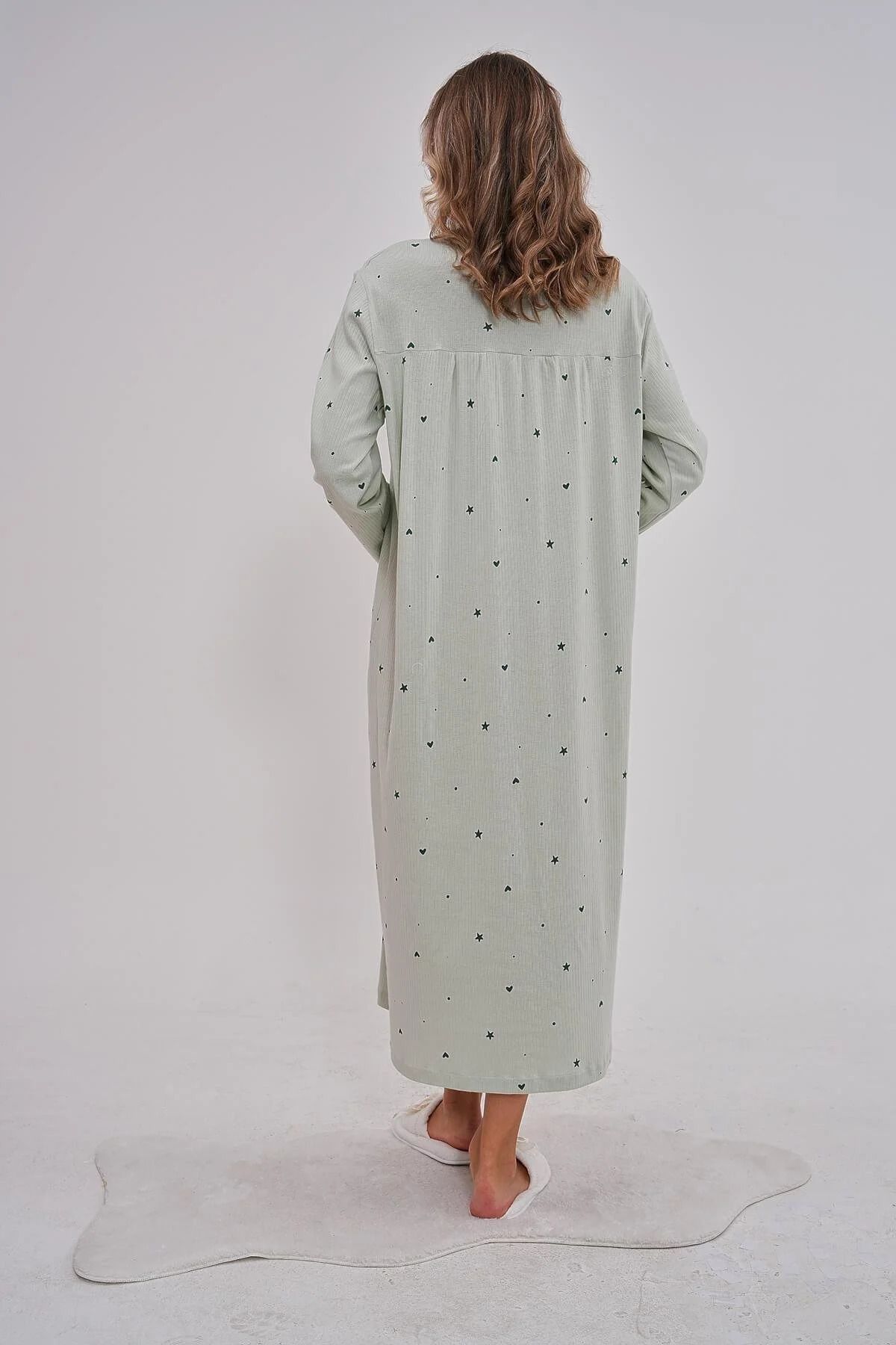 Mecit Pijama-Heart and Star Printed Cotton Interlock Nightgown - Long Sleeve, Button-Down Collar, Plus Size 4