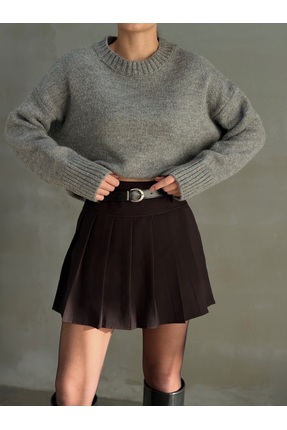 TİSHOOSTORE Kadın Kemerli Şort Astarlı Pileli Mini Etek