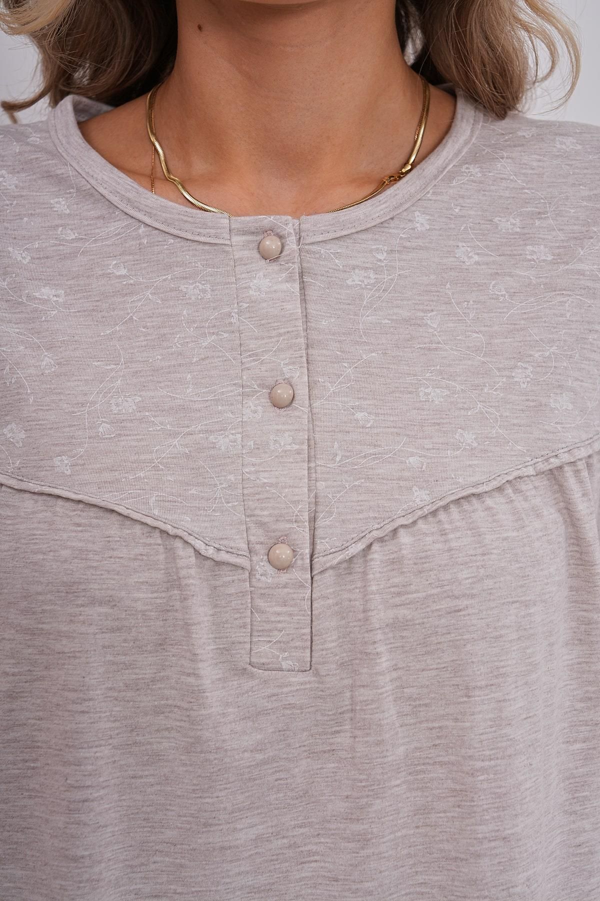 Mecit Pijama-Plus Size Mother's Nightgown with Long Sleeves and Buttons on the Collar 2