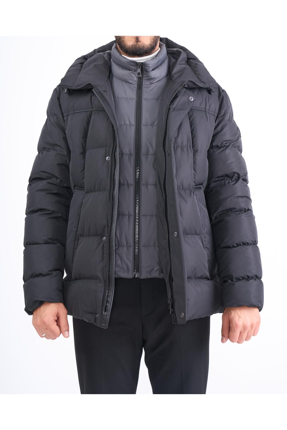 TerziAdemAltun-Italian Style Hooded Inflatable Male Coat Black T10566 6