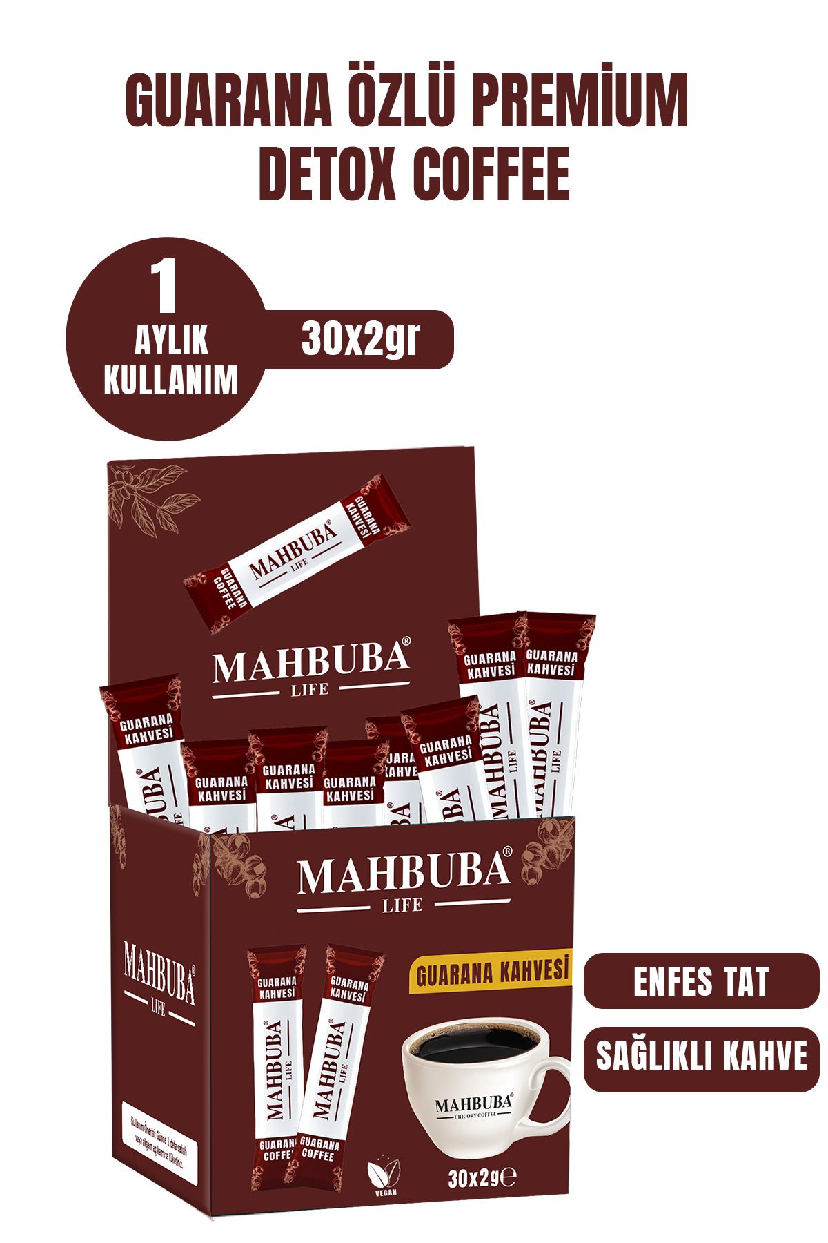 Mahbuba Life Guarana Özlü Premium Detox Diyet Kahvesi Gün Boyu Enerji 1 Aylık Kullanım 30x2gr