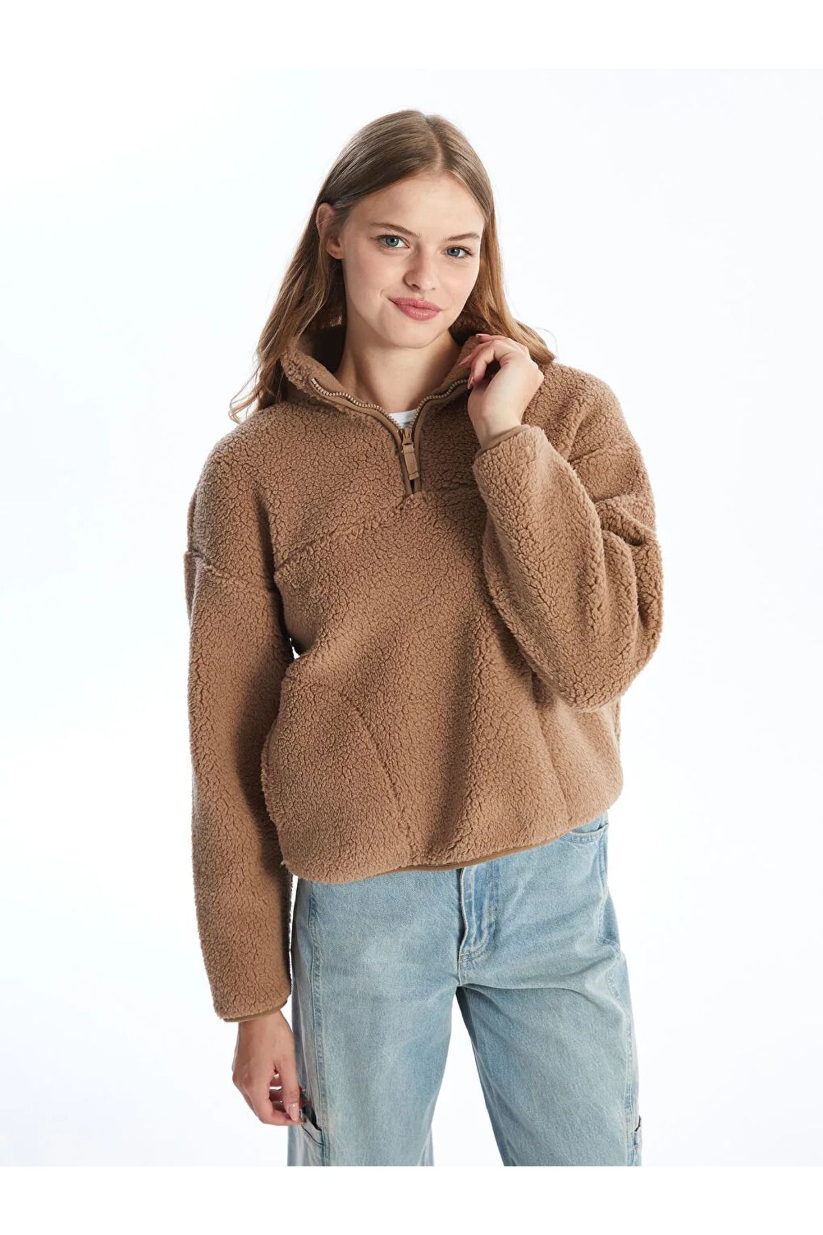 LC Waikiki-Xside Brown Stand Collar Oversize Women's Sweatshirt 1