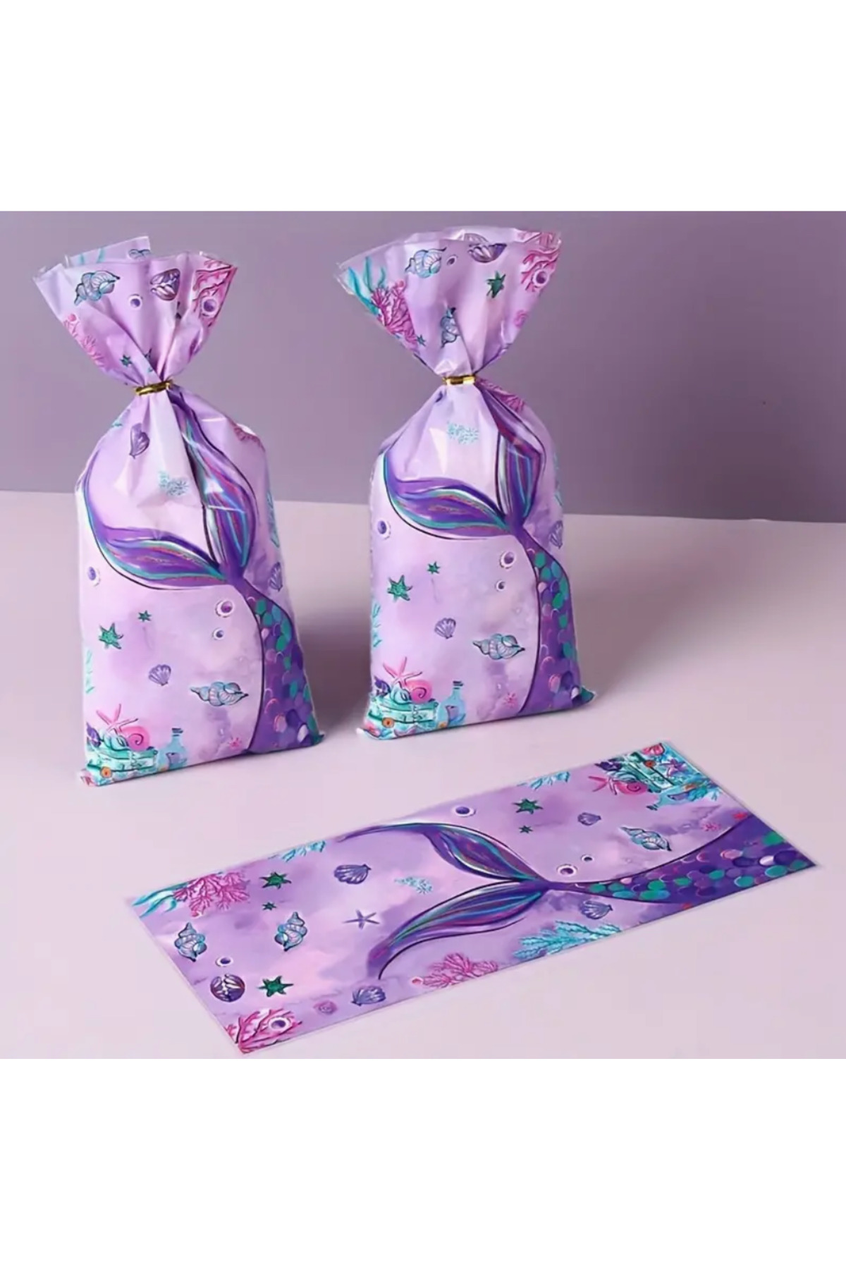 ÇET PACK 10 ADET DENİZ KIZI KUYRUĞU DESENLİ KAPAMA APARATLI ŞEKER POŞETİ DOĞUM GÜNÜ HEDİYE PAKETİ 13X27 CM