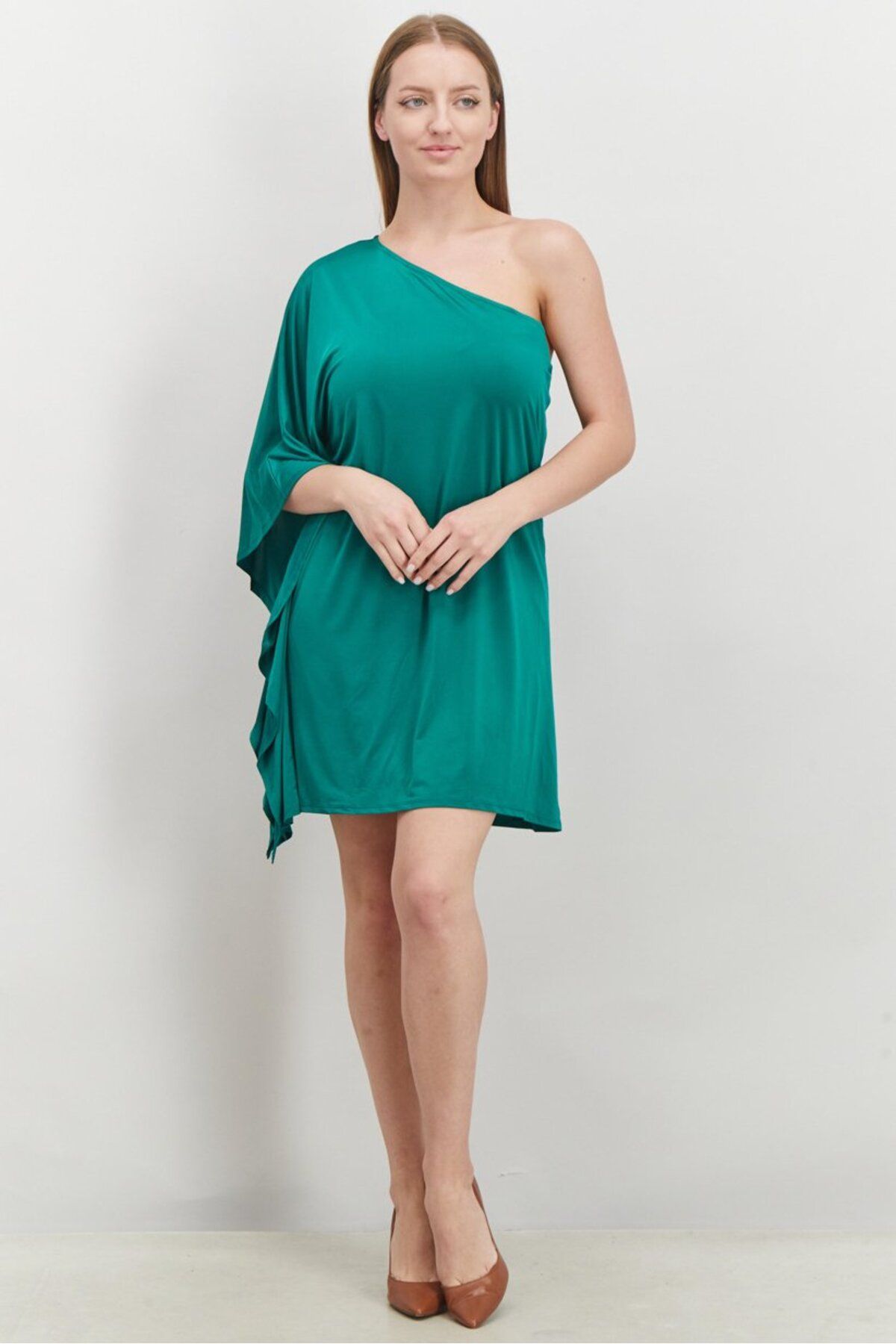 Bebe-Women Plain One Shoulder Flowy Mini Dress, Green 2