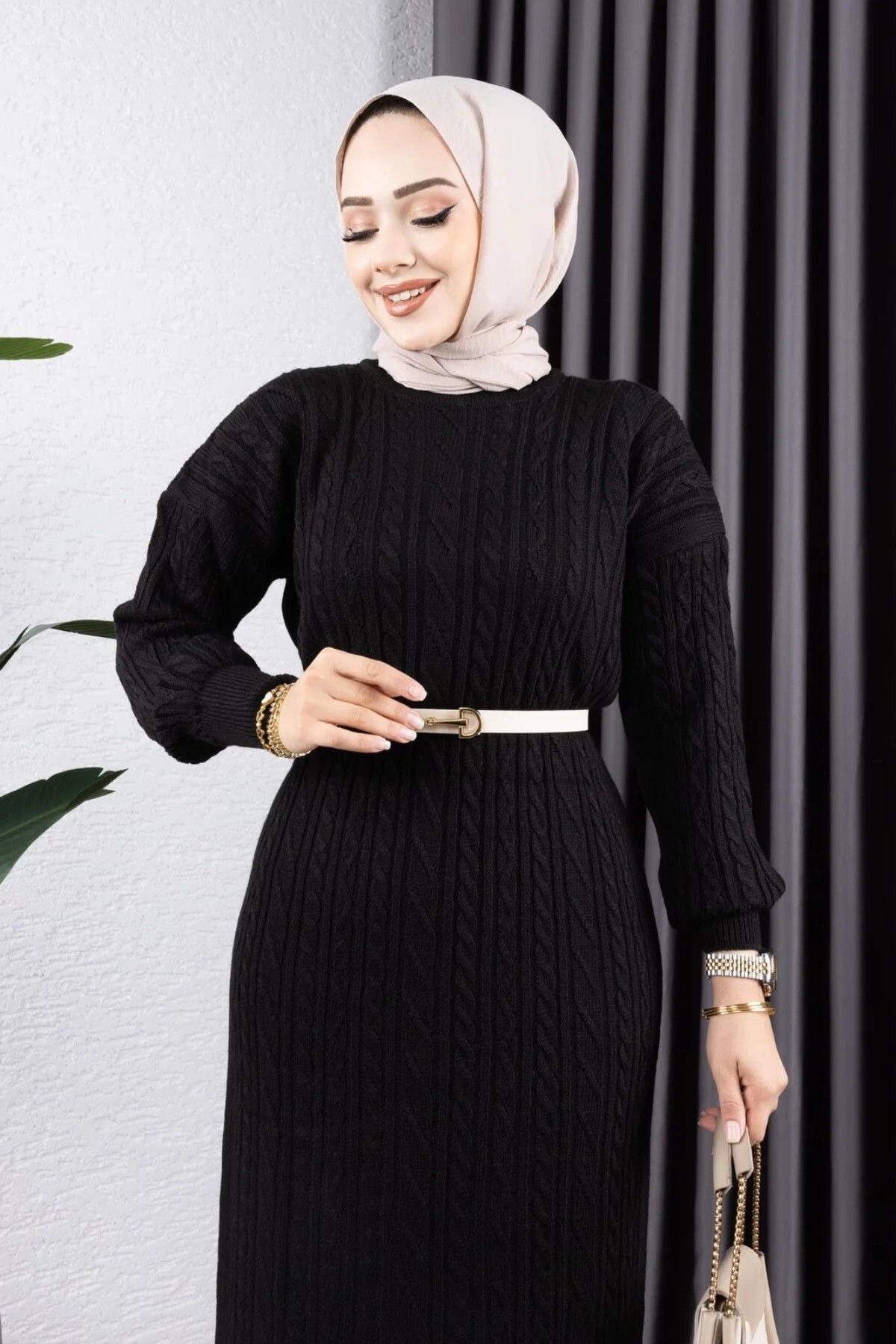 پیراهن پوشیده سیاه زنانه لباس بافتنی شورا ECRU اورجینال Şule Giyim