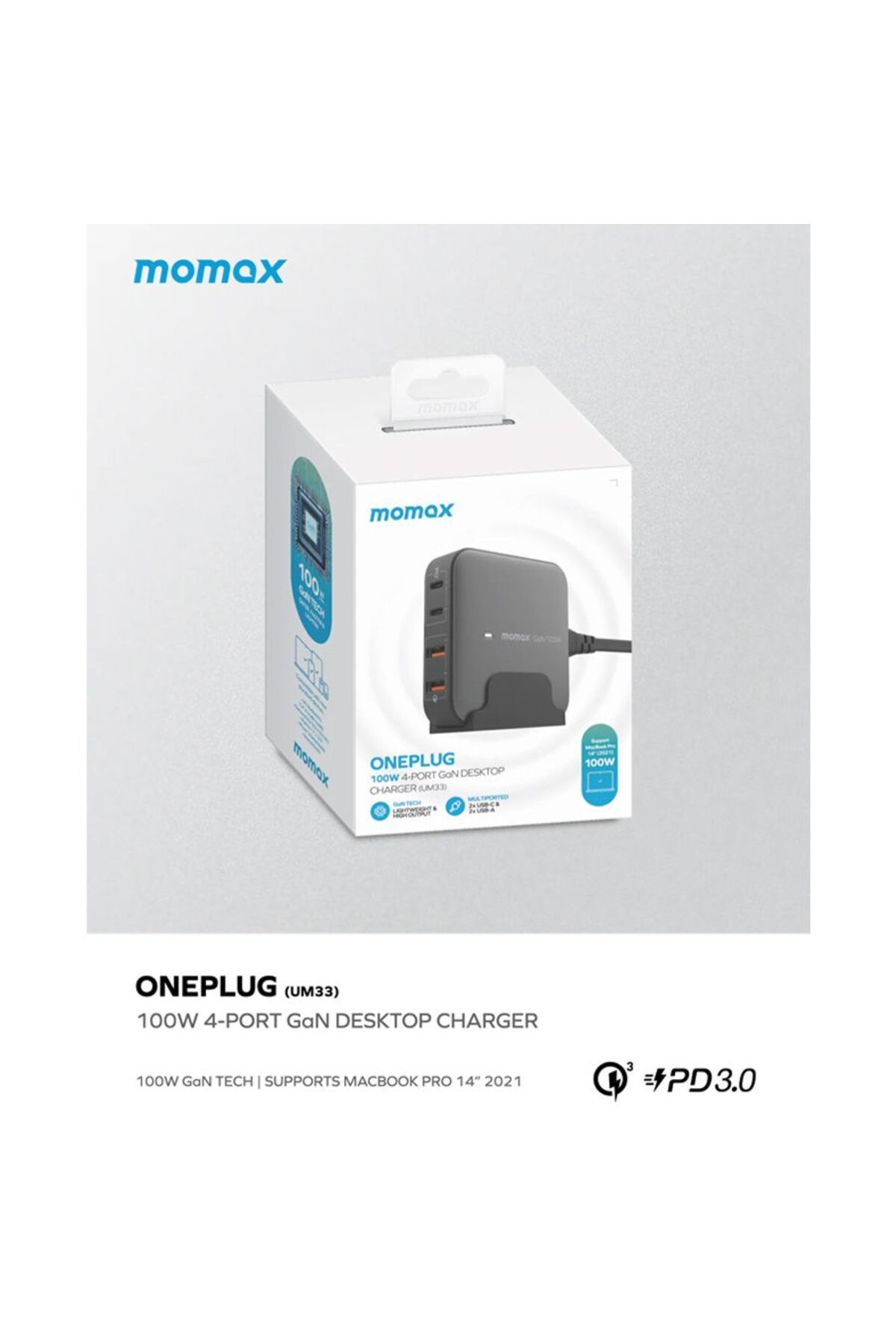 Momax-One Plug GaN 100W 4-Port Desktop Charger 2 USB-C and 2 USB-A port - Black 3
