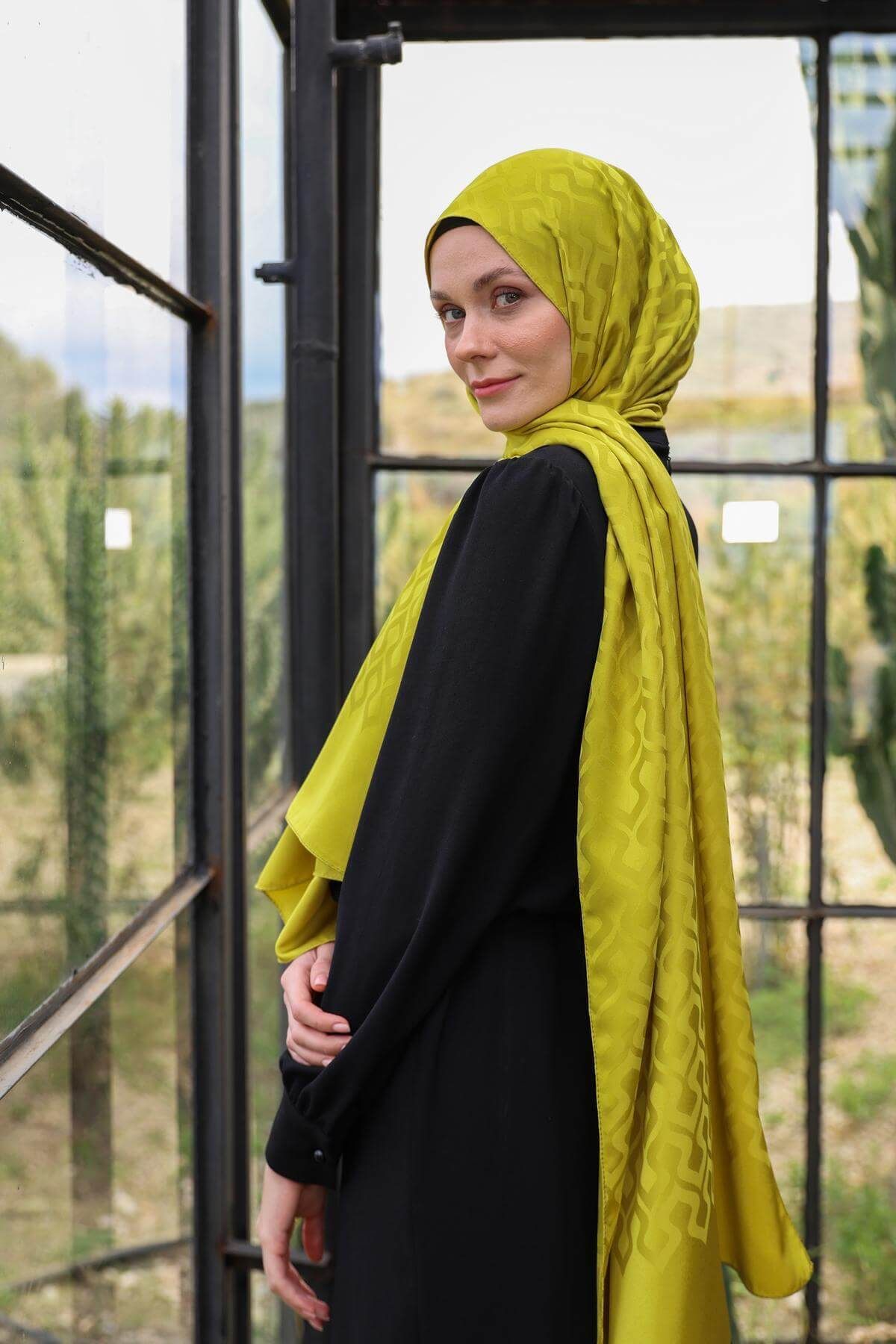 İpekhan-Drop Pattern Silky Jacquard Shawl Oil Green 9012-06 3