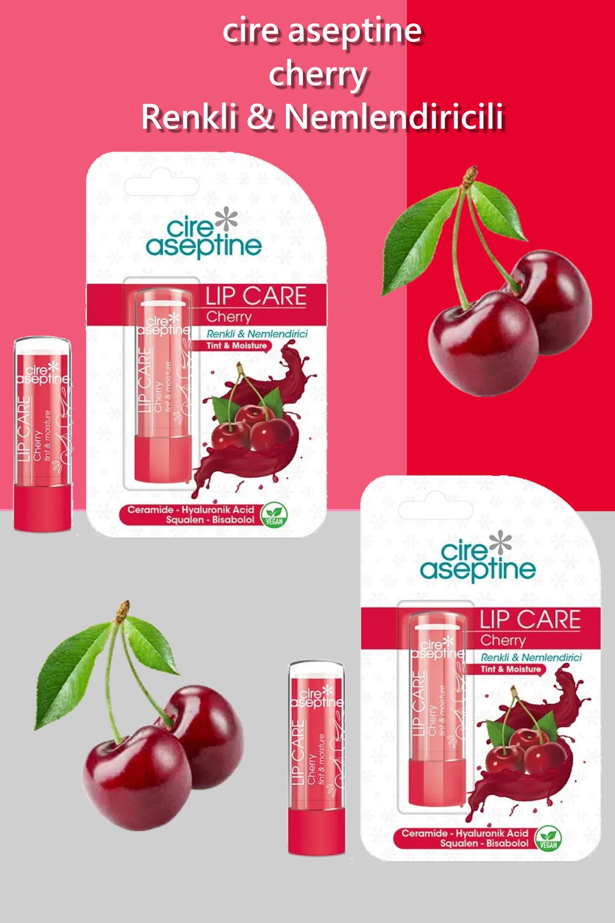 CIRE ASEPTINE Lip Care Cherry  Vişne  Renkli Dudak Nemlendirici 4,5 G X 2 Adet