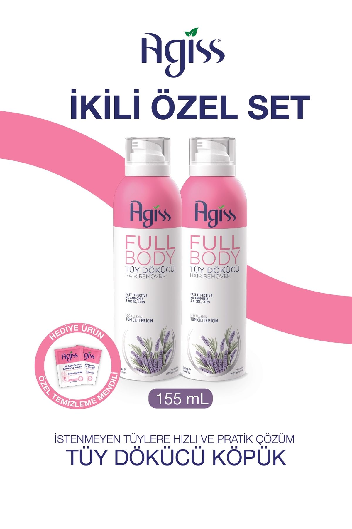 AGISS 2li Full Body Tüm Vücut Tüy Dökücü, Tüy Azaltıcı Ve Tüy Köpük Tüy Dökücü Sprey 155ml