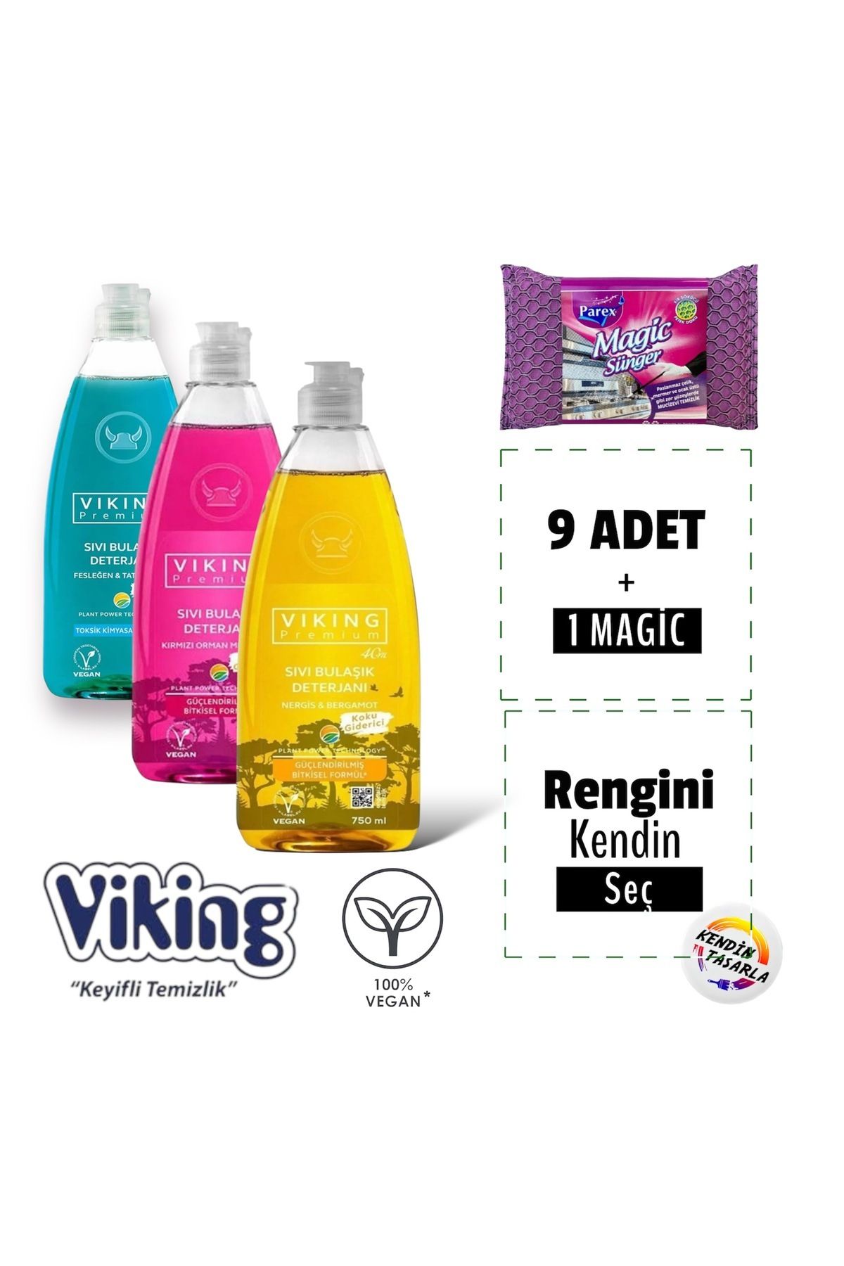 Viking Premium Elde Bulaşık Deterjanı İstediğin Renklerde 9 Adet + 1 Adet Magic Sünger