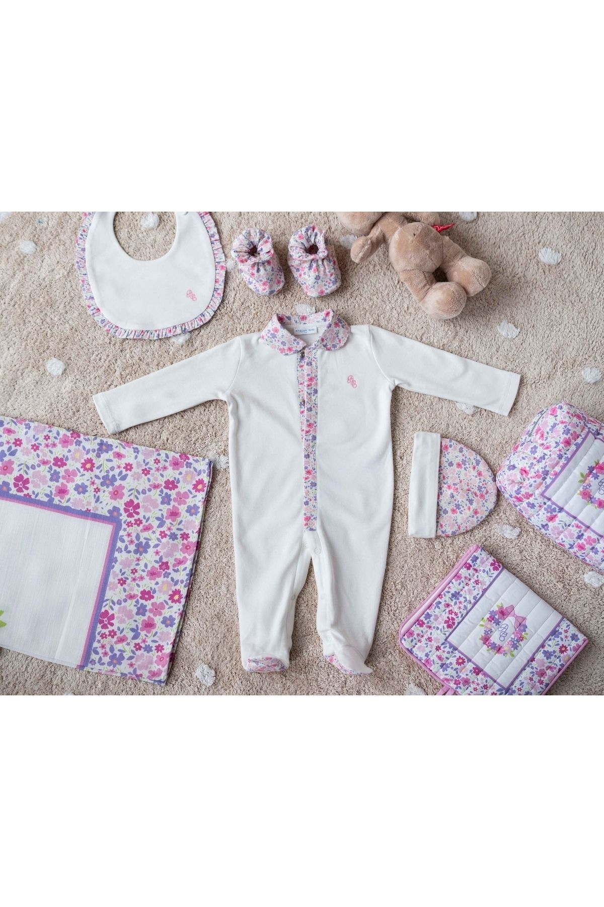 Atelier Babbi-Pink Little Flower Patterned Baby Jumpsuit 3