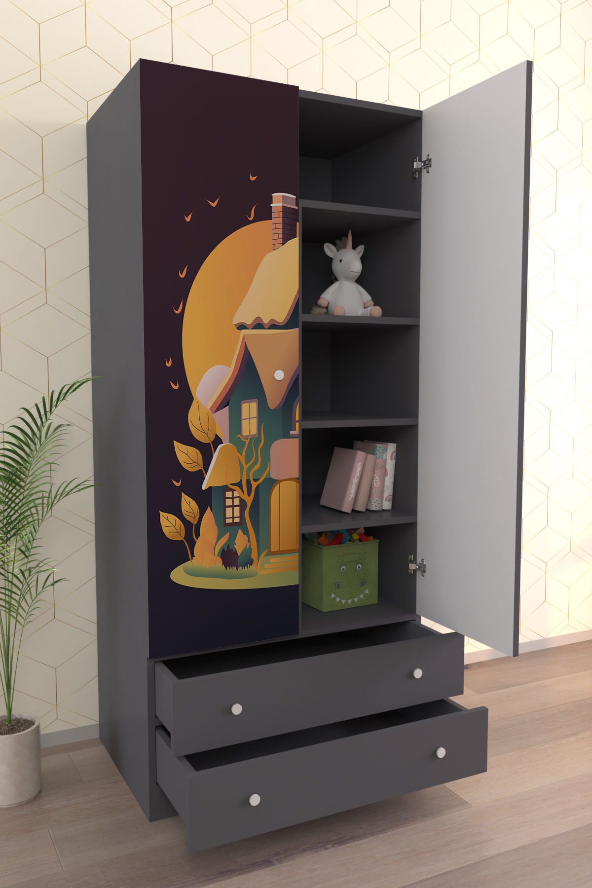 Hediyeler Kapında Çocuk Odası 2 Kapaklı Dream House Gardırop 5 Raflı 2 Çekmeceli Askılı Elbise Dolabı fotoğrafı 2 (önizleme)