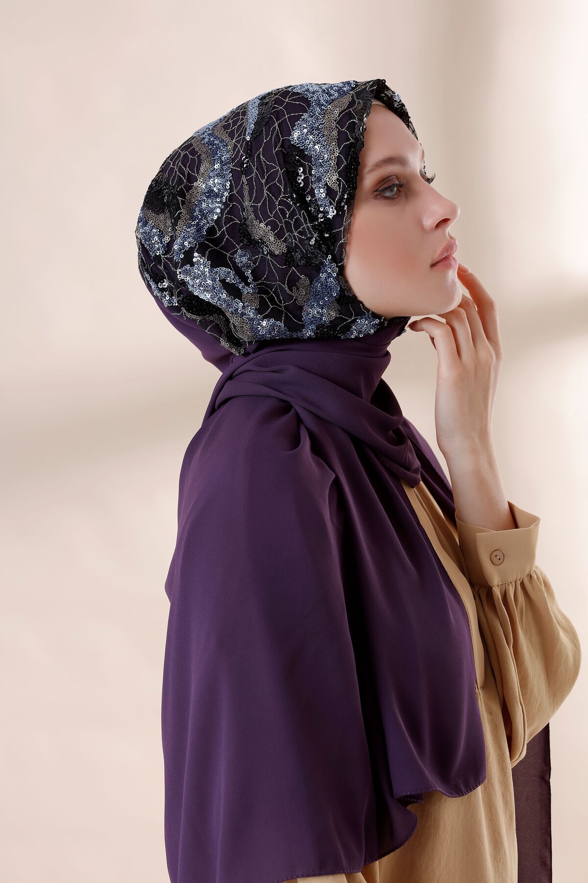 Differenza-Plum Cloud Sequined Crepe Shawl 3
